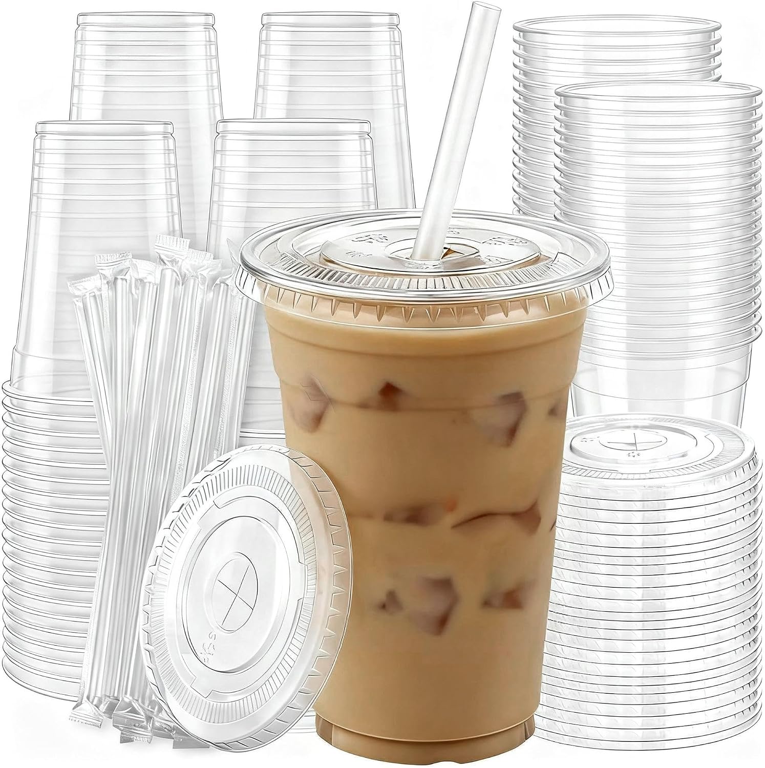 Detalle de 100 Pack 16 oz Clear Plastic Cups with Lids and Straws