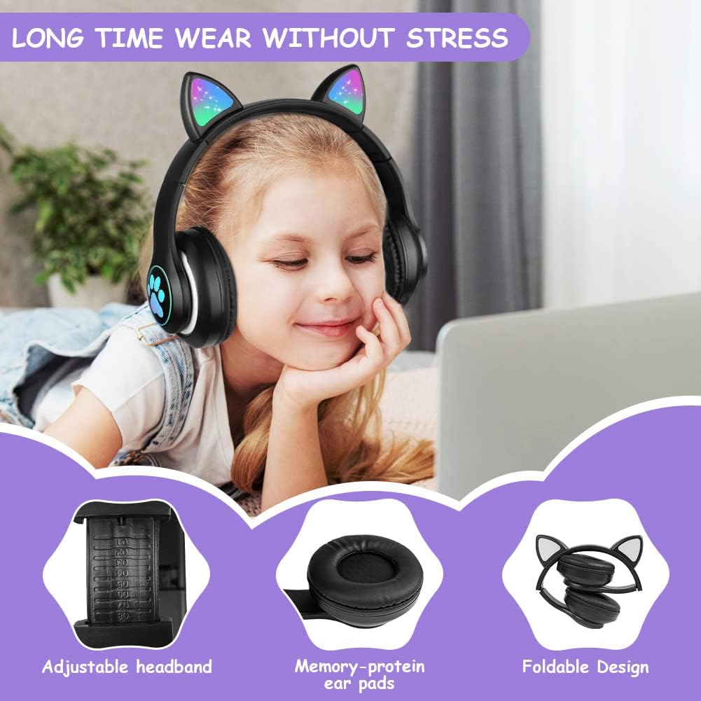 Thumbnail 4 de AXFEE Kinderkopfhörer Bluetooth mit Katzenohren, LED & Mikrofon – faltbare Over-Ear Stereo-Kopfhörer