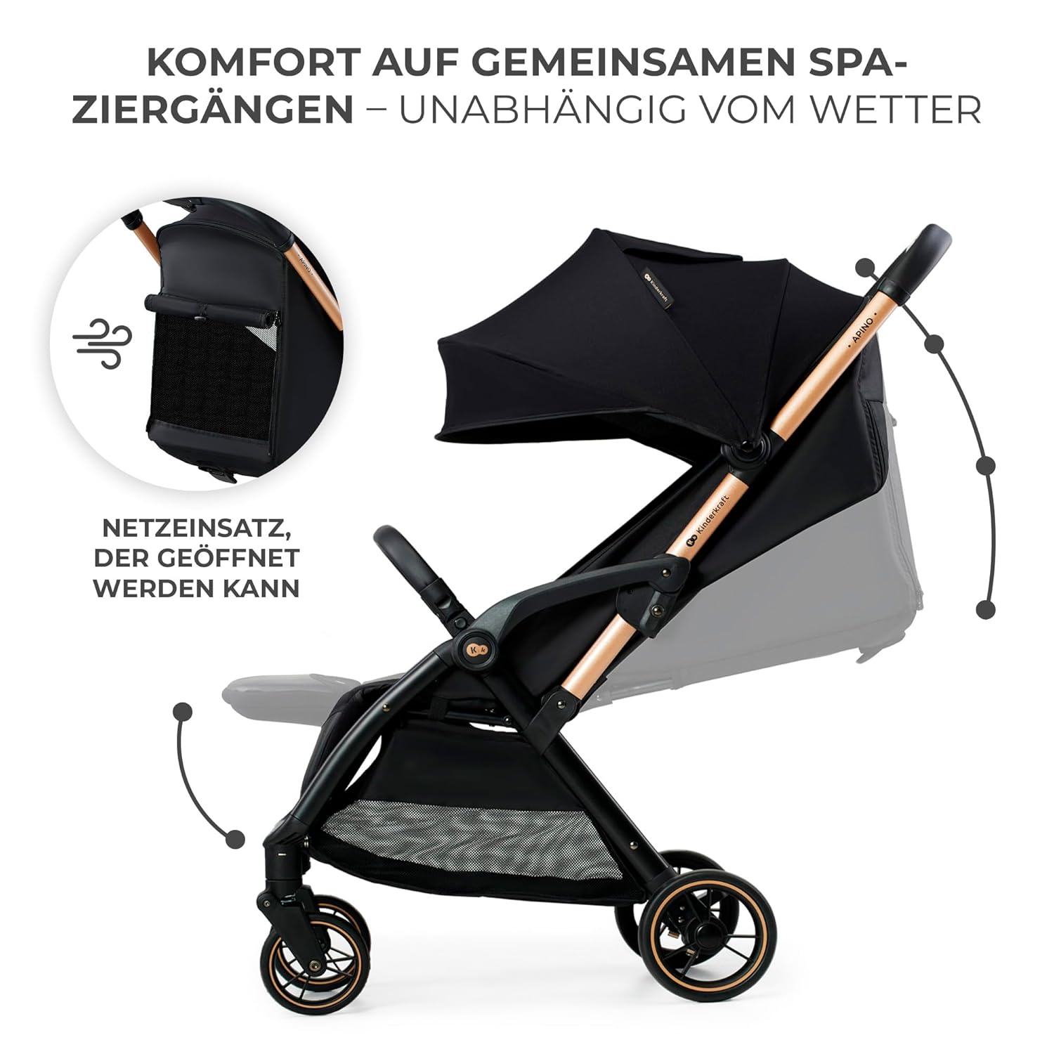 Detalle 2 de Kinderkraft APINO Buggy bis 22 kg – Liegebuggy, leichtes Reise-System, Auto-Faltfunktion, Schwarz