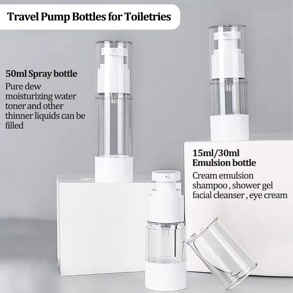 Detalle de XUEYENST 3Pcs Transparent Airless Pump Bottles – Refillable Travel Cosmetic Containers (15ml, 30ml, 50ml)