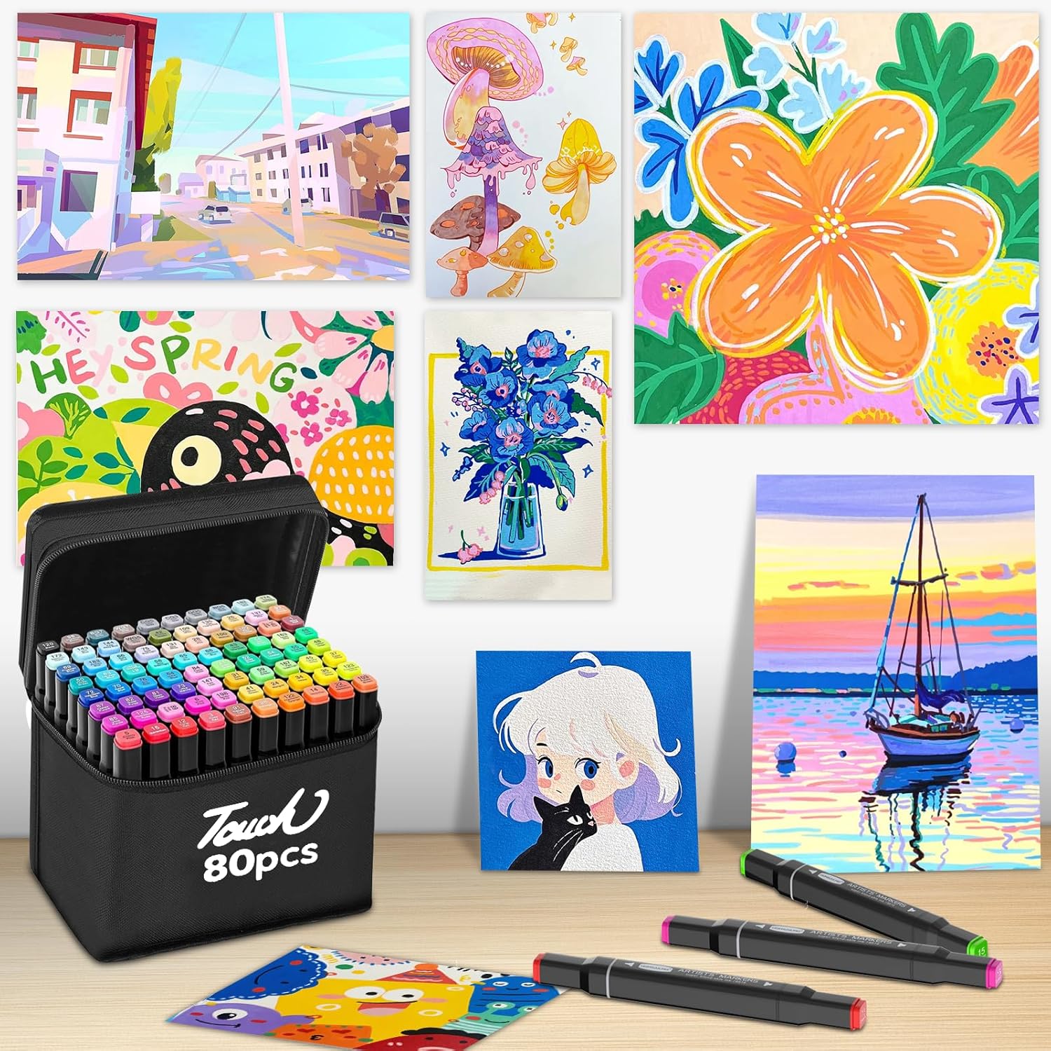 Detalle de HOMESILMO 80-Colour Alcohol Markers Set: Double-Point Precision for Creative Adults