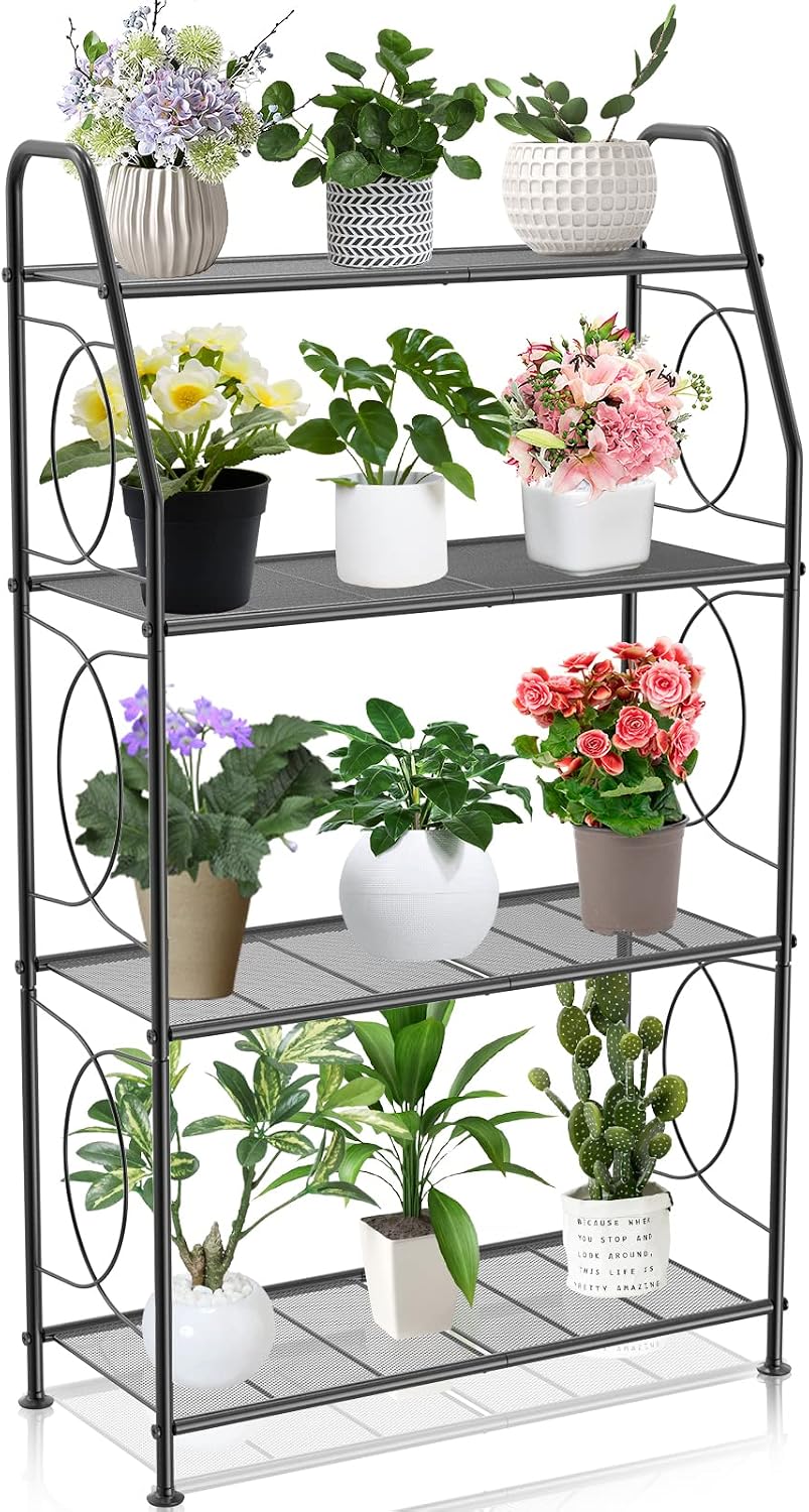 Detalle de VyGrow 4-Tier Metal Plant Stand, Black, Powder-Coated for Indoor or Outdoor Use