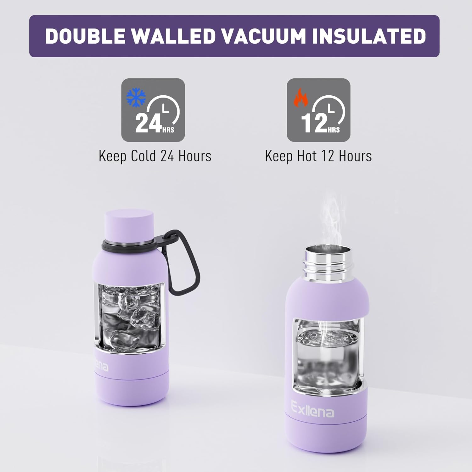 Thumbnail 4 de Exllena Exllena Water Bottle 350ml with Clip – Double Wall Vacuum Insulated (Purple, BPA free)