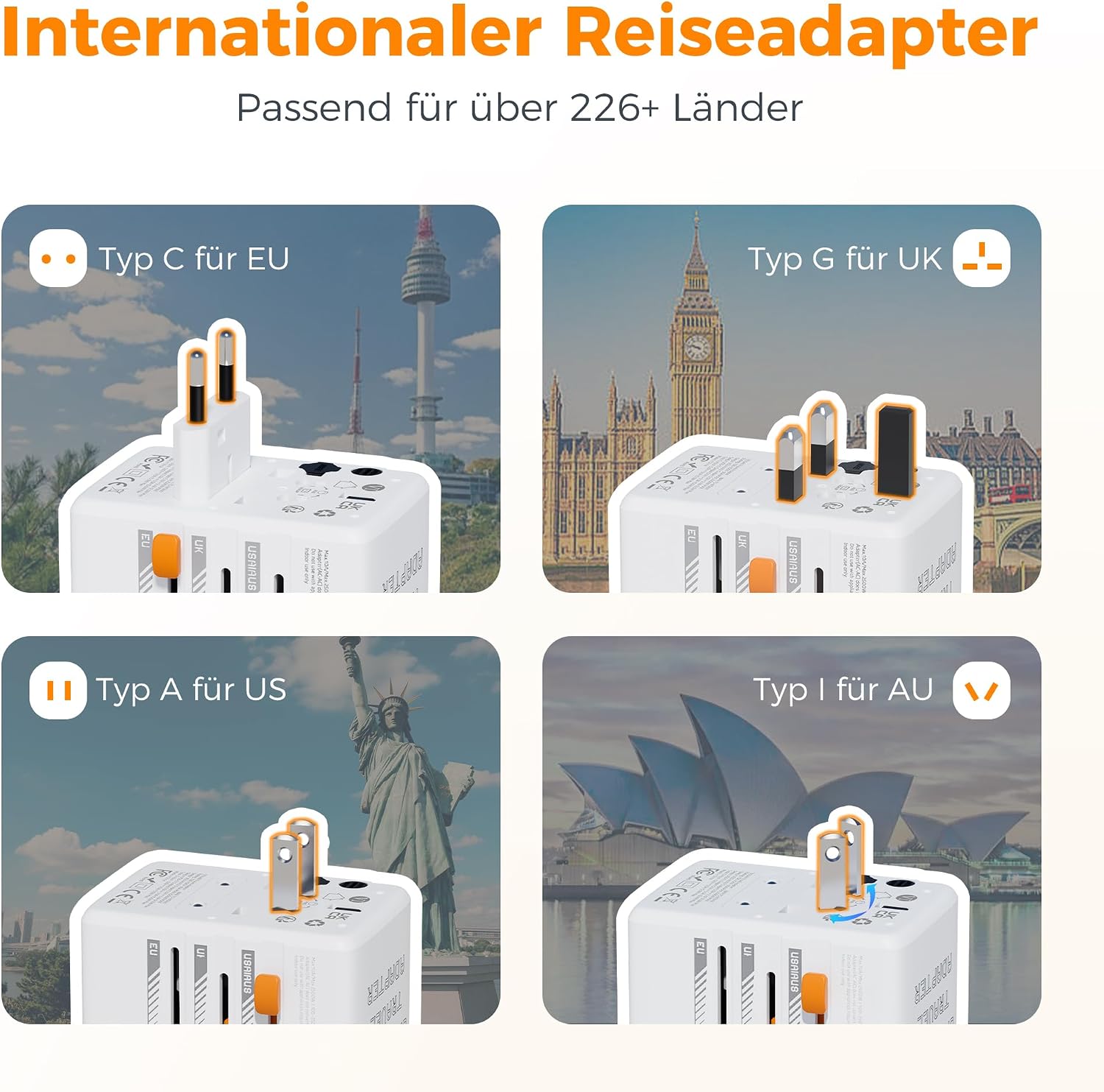 Thumbnail 1 de TESSAN Reiseadapter Weltweit: Universal Travel Adapter mit 1 USB-C, 2 USB-A und AC-Steckdose