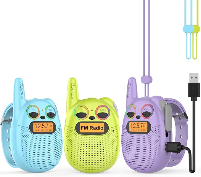 QNIGLO Q136 Walkie Talkie Kids, Recargable, 2 km, Azul-Verde-Violeta