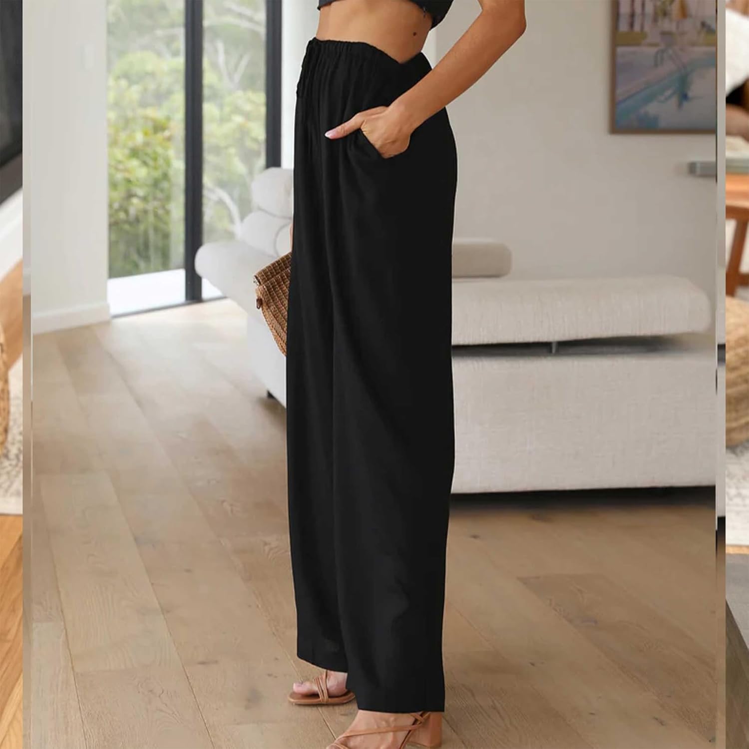 Thumbnail 2 de Women’s Cotton-Linen Palazzo Pants with Elastic Waist and Pockets (Wide-Leg Casual Trousers) by Duyang