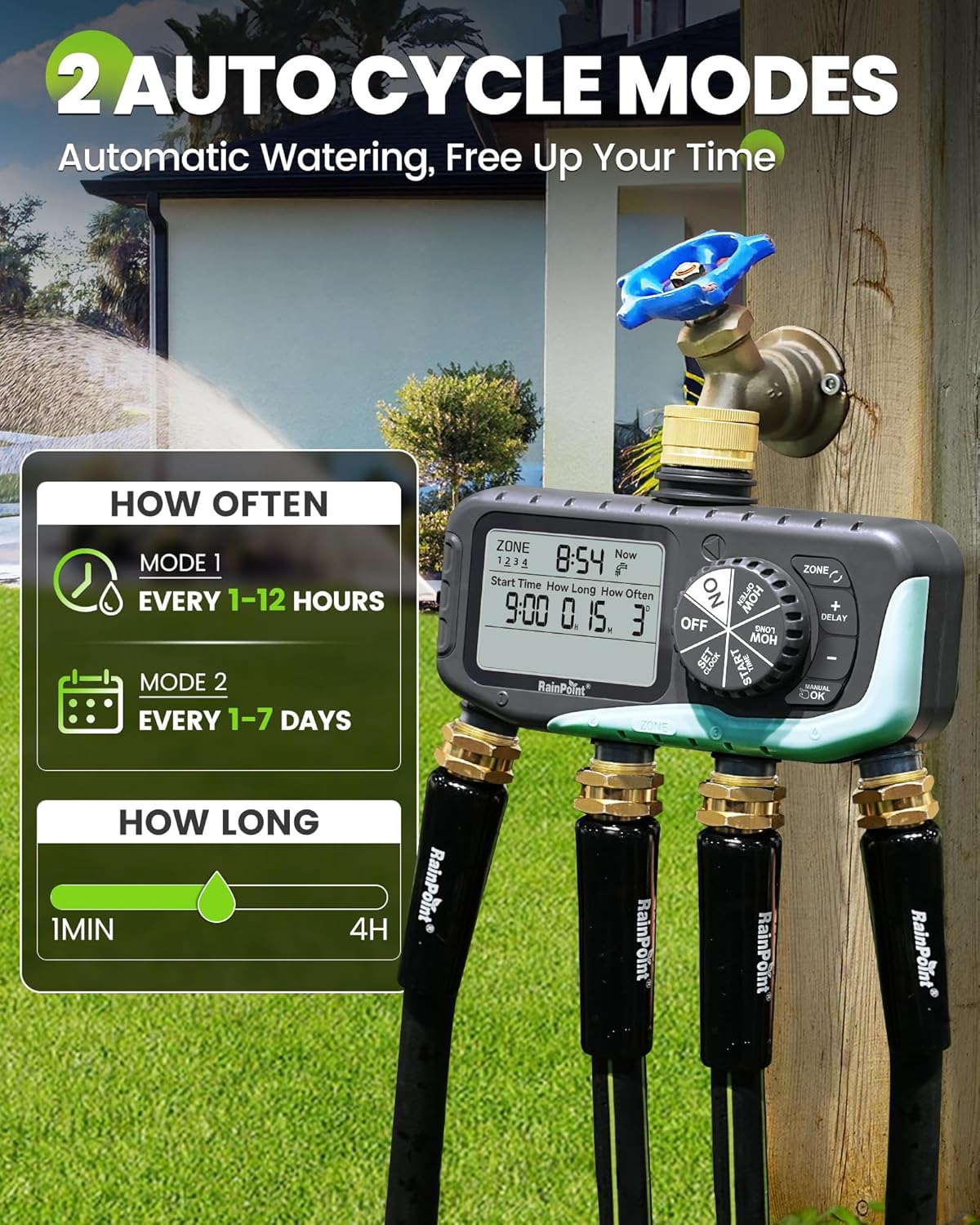 Thumbnail 2 de RAINPOINT 4 Zone Water Timer with Brass Inlet & Outlet – IP65, Rain Delay & Manual Control