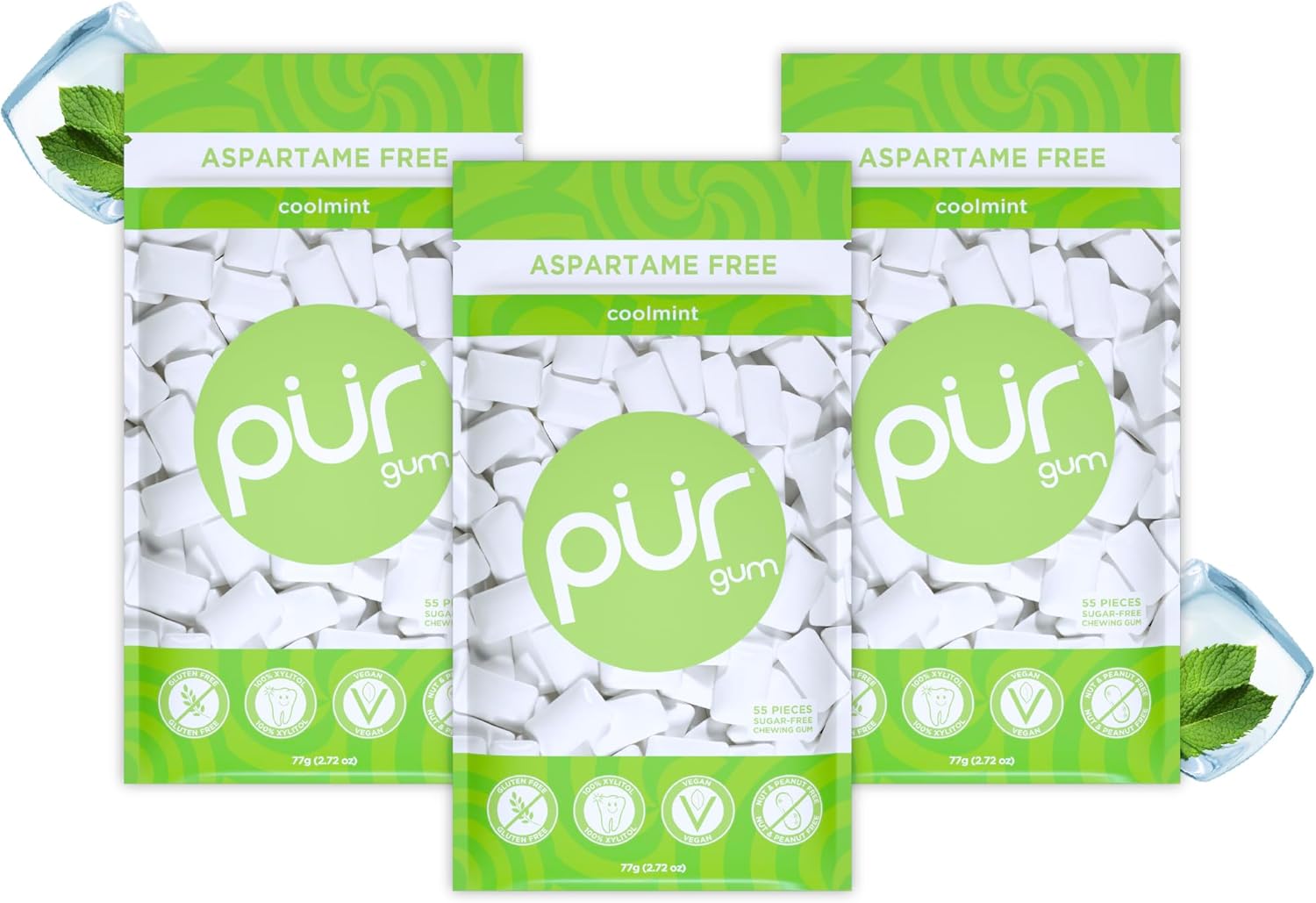 Detalle 2 de PUR Gum Peppermint – Chewing-Gum sans sucre au xylitol, végan, sans gluten et sans ASPARTAME, 55 pièces (lot de 3)