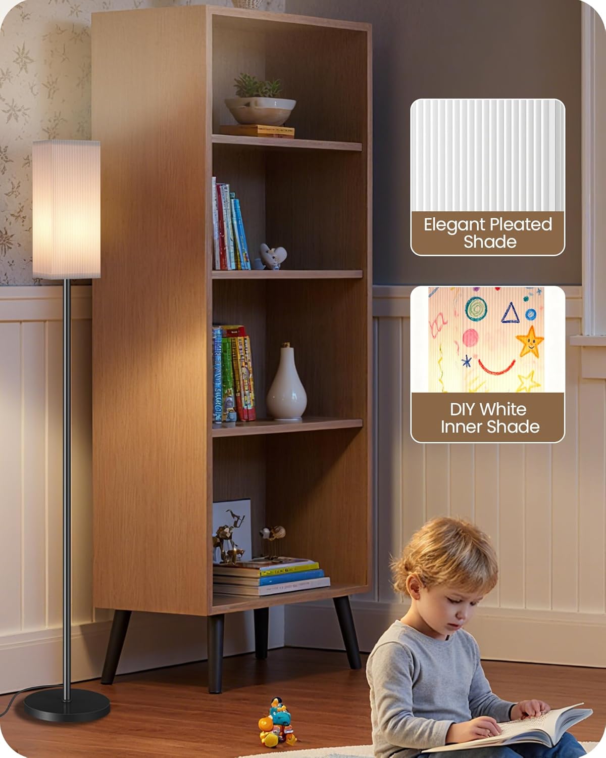 Detalle de GOEBLESON BP-F006S Dimmable Floor Lamp with Remote, Foot Switch and Pleated Shade