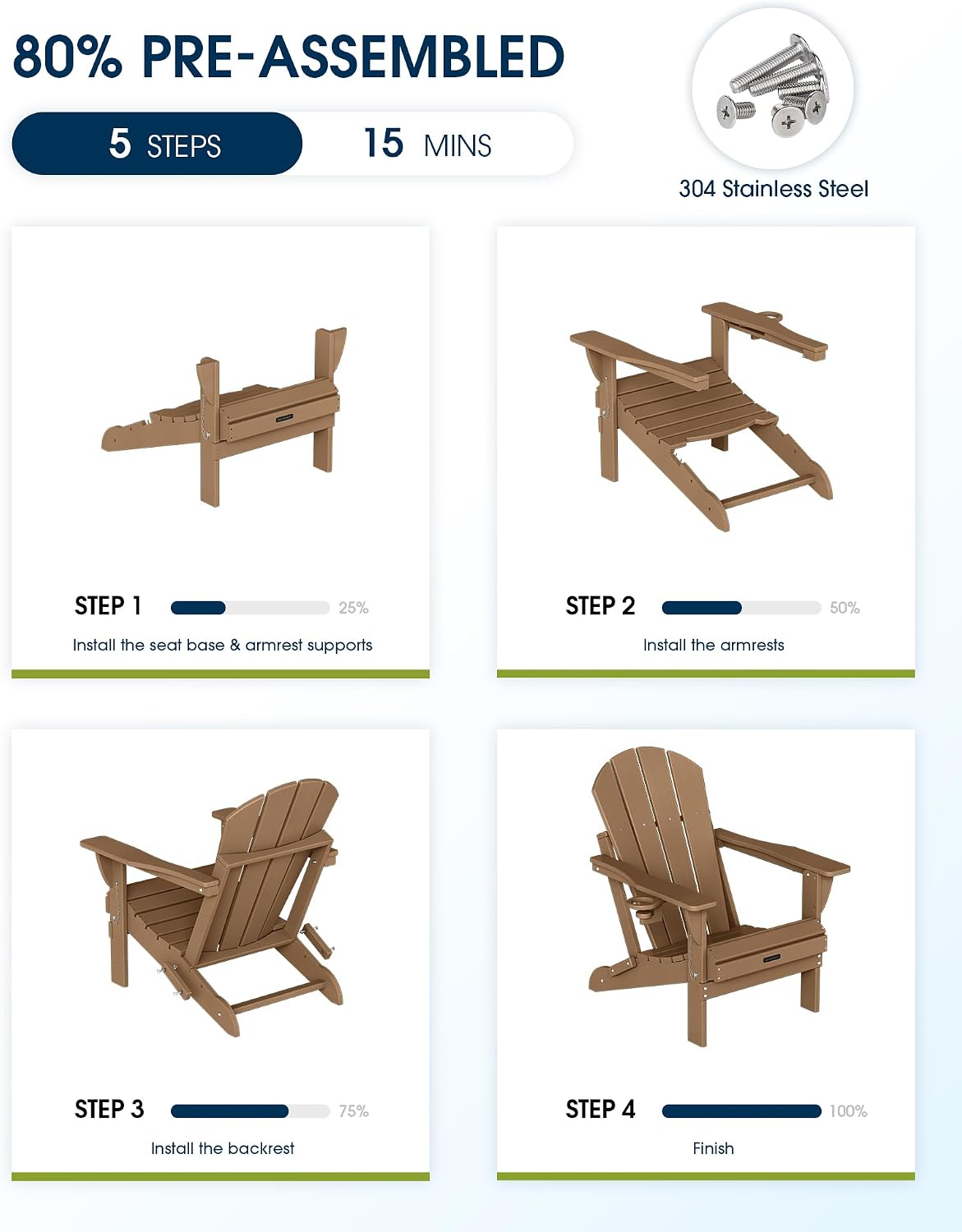 Detalle 2 de MUCHENGHY Folding Adirondack Chair with Cup Holder (HDPE, Teak color)