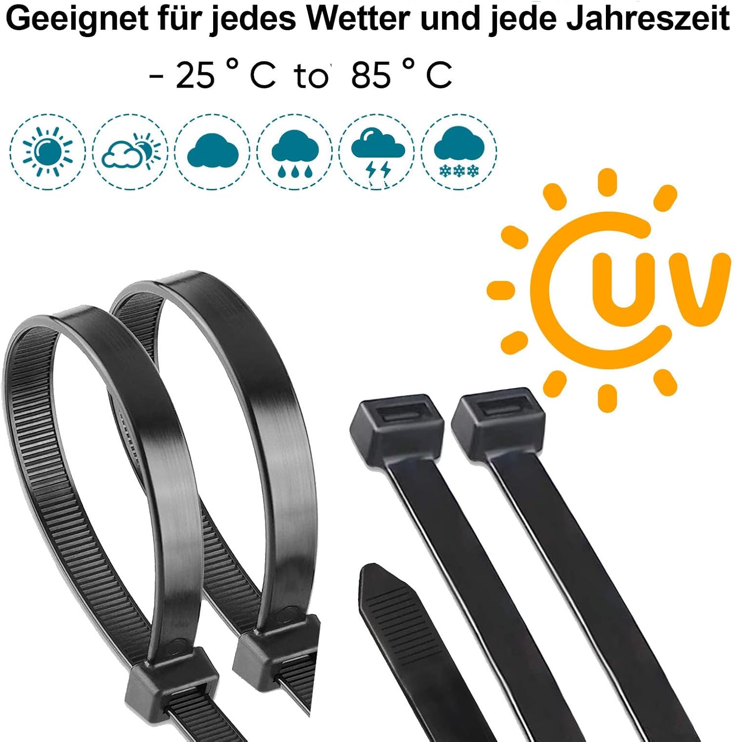 Detalle de 1000 Stück Kabelbinder Schwarz 150 x 3,6 mm (18 kg Zugfestigkeit) – UV-beständig, Nylon PA66, selbstsichernd