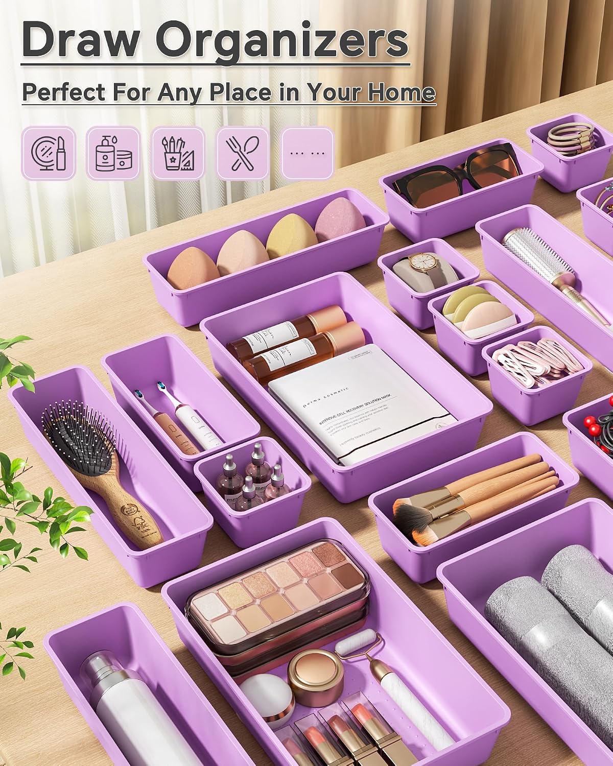 Detalle 2 de KEMETHY H25-Purple 25-Piece Plastic Drawer Organizer Set, 4 Sizes