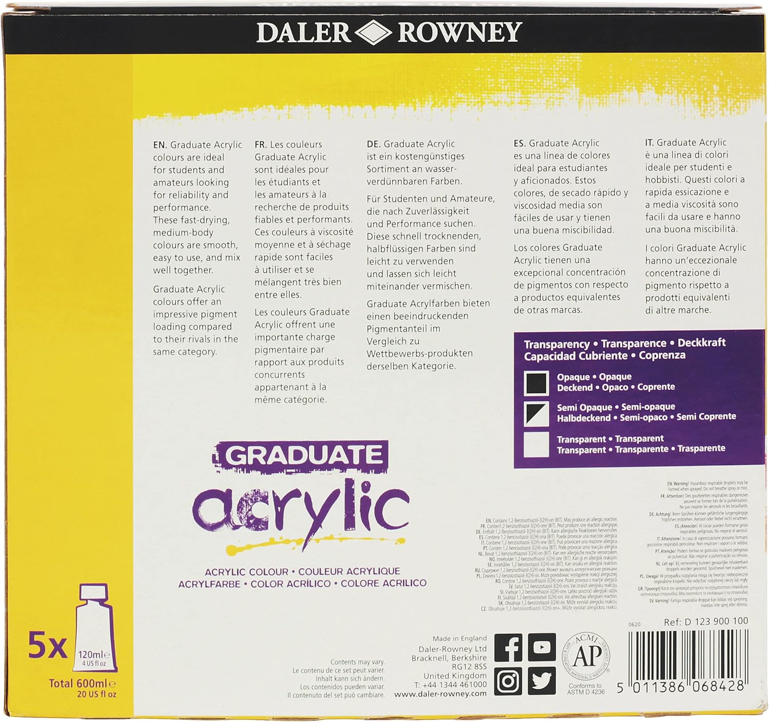 Detalle 2 de Daler Rowney GRADUATE Acrylic Starterset 5x120 ml – Primärfarben, Schwarz und Titanweiß
