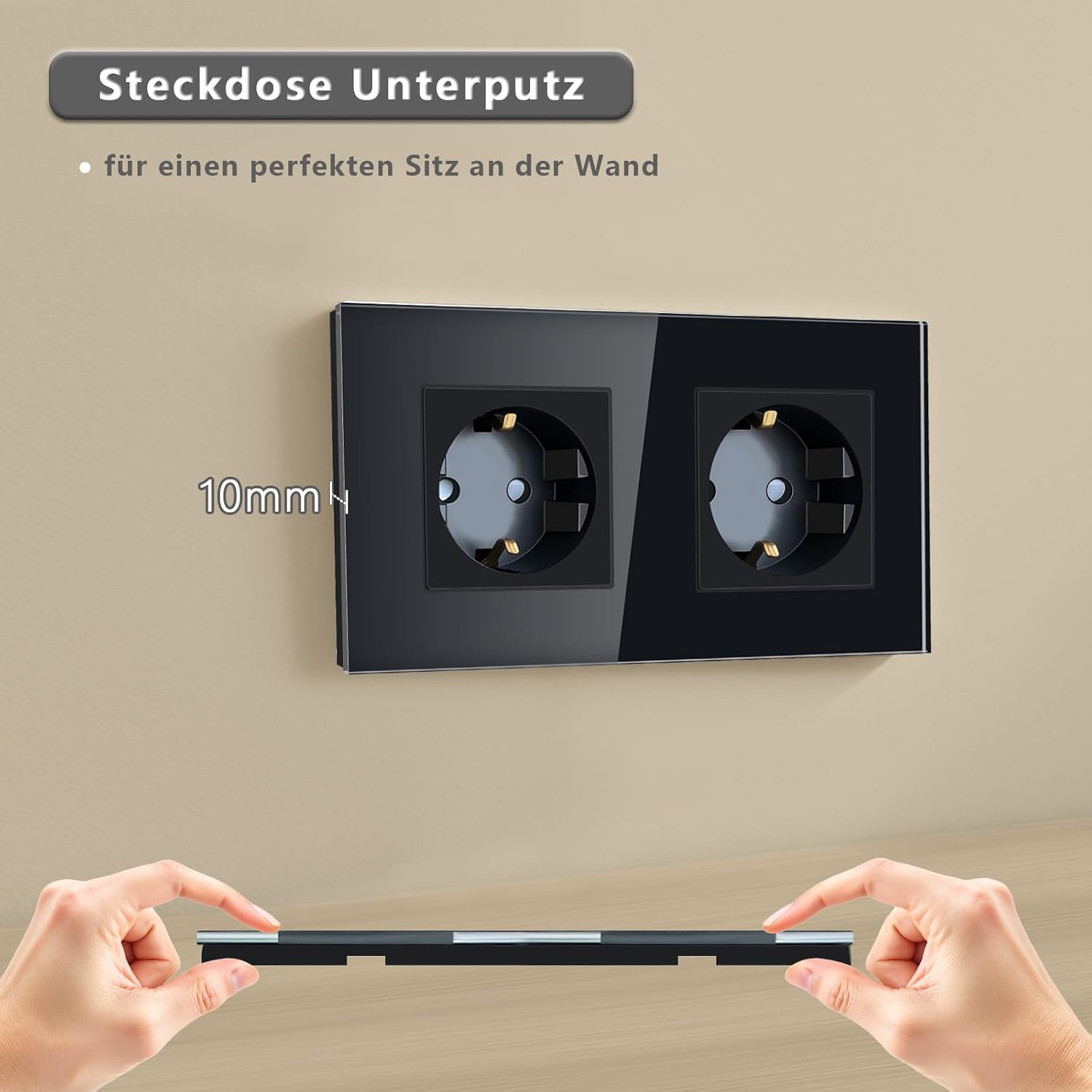 Detalle de TAWOIA Schuko Unterputz-Steckdose 2-fach mit Glasblende (Schwarz) – EU-Standard, 86 × 157 mm