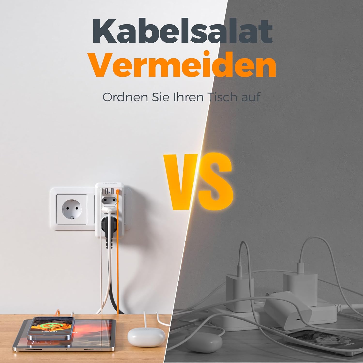Detalle 2 de TESSAN 7-i-1 vägguttag med 3 eluttag, 4 USB-portar och 4000 W