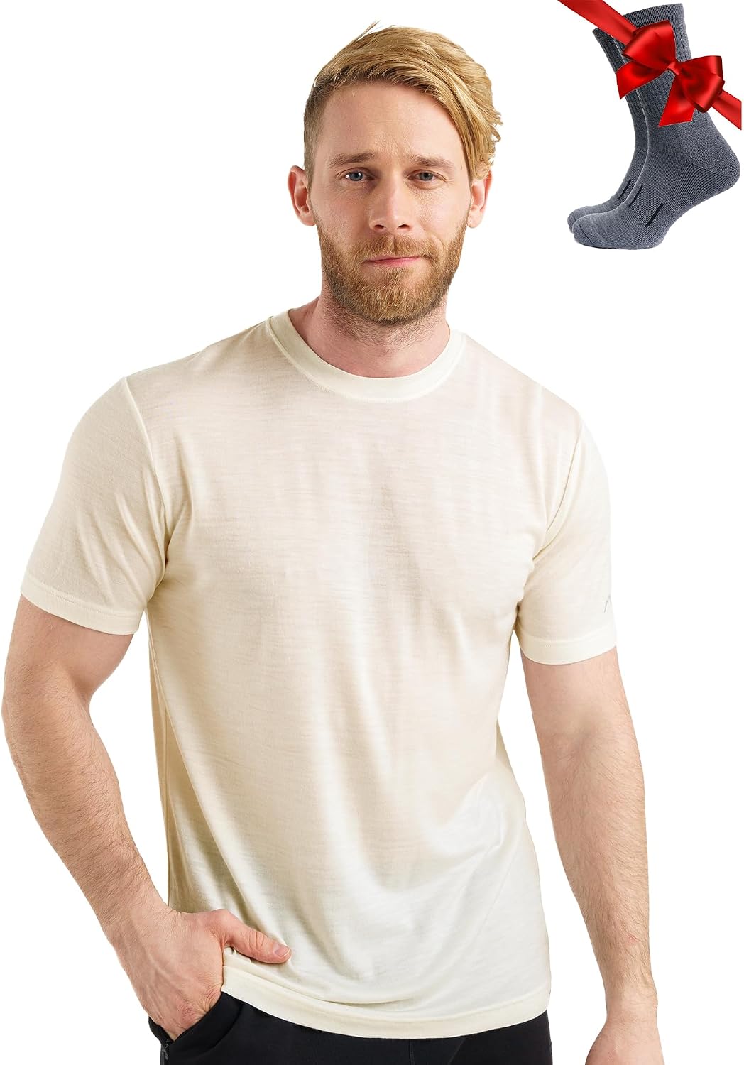 Detalle de Merino Wool T-Shirt for Men — Lightweight Merino Thermal Top with Hiking Socks