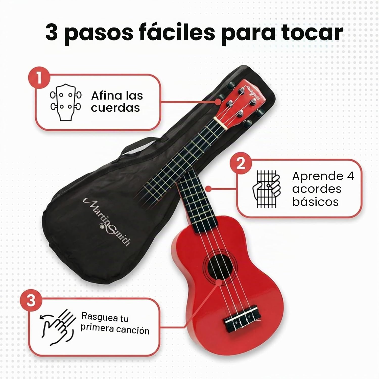Detalle de Martin Smith UK212-RD Ukulele Soprano de 21" con Bolsa (Rojo) – ideal para principiantes