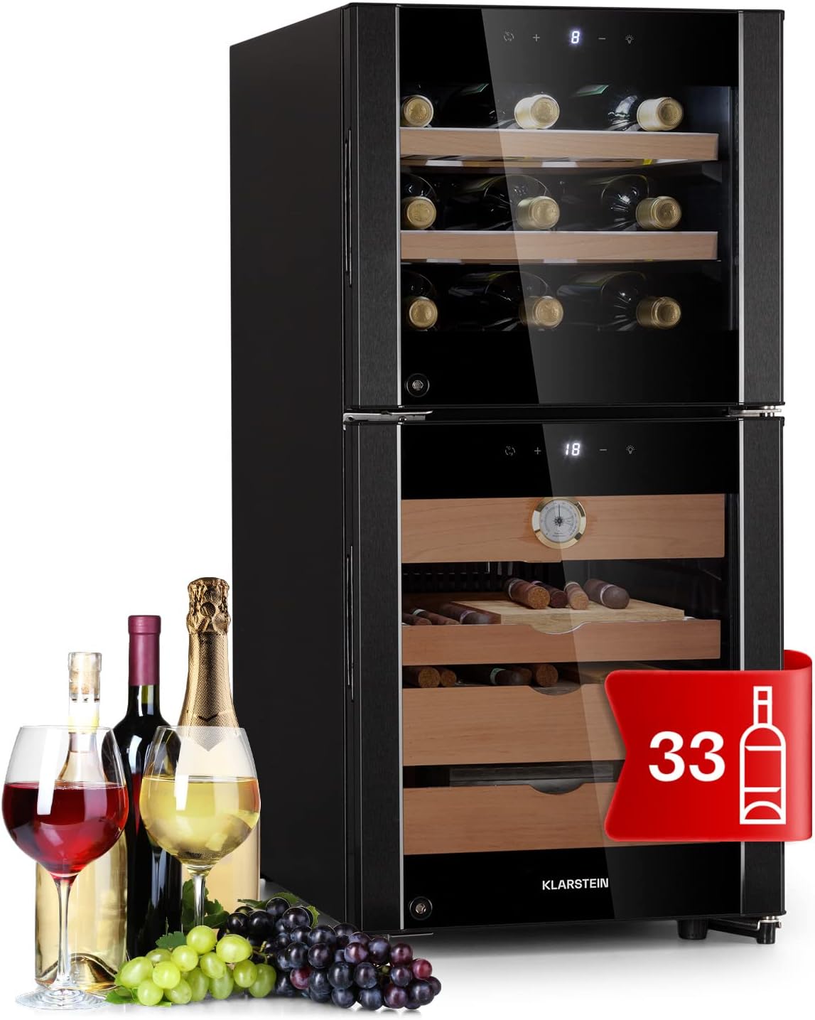 Detalle de Klarstein 89L Cigar Humidor and Wine Cooler with Glass Door and Temperature Control