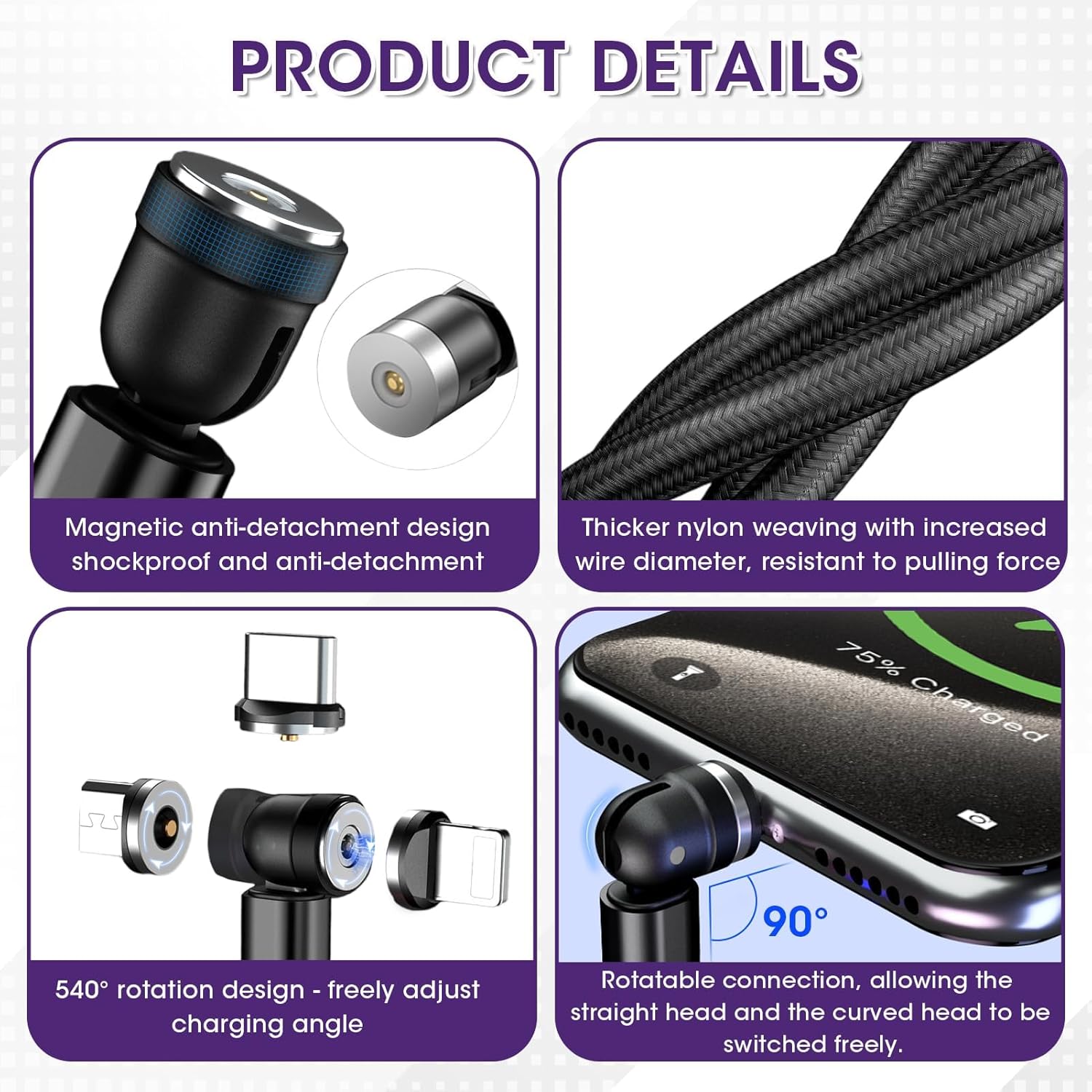Thumbnail 2 de Qaum Magnetic Charging Cable 2PCS (2M+2M) – 3 in 1 Nylon Braided USB Cable