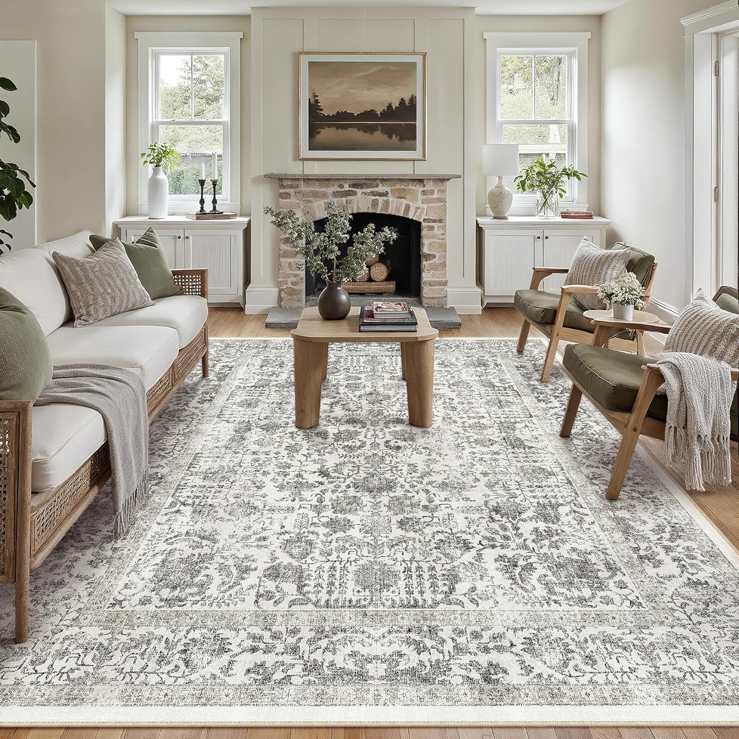 Detalle de HUGEAR Vintage Black Rug 240x300cm — Non-Slip, Washable Area Carpet for Living Rooms & More