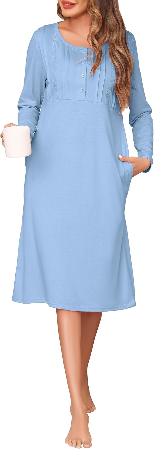 Detalle de Wikoan women’s cotton long-sleeve nightdress with pockets (UK size 6–24)