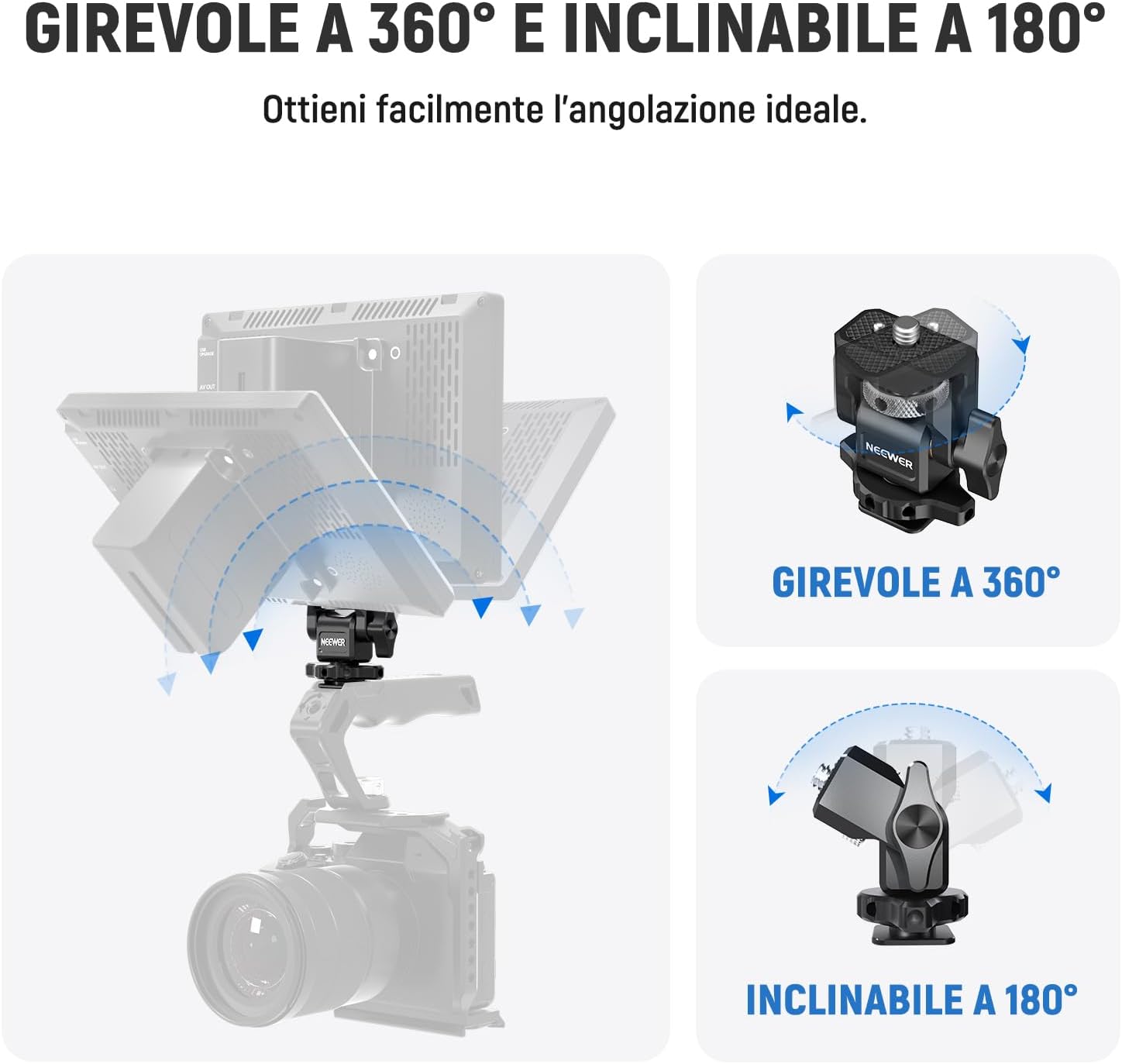Detalle de NEEWER Supporto per monitor fotocamera MA006 con cold shoe, rotazione 360° e inclinazione 180° (compatibile 5"-7" e Atomos Ninja V)