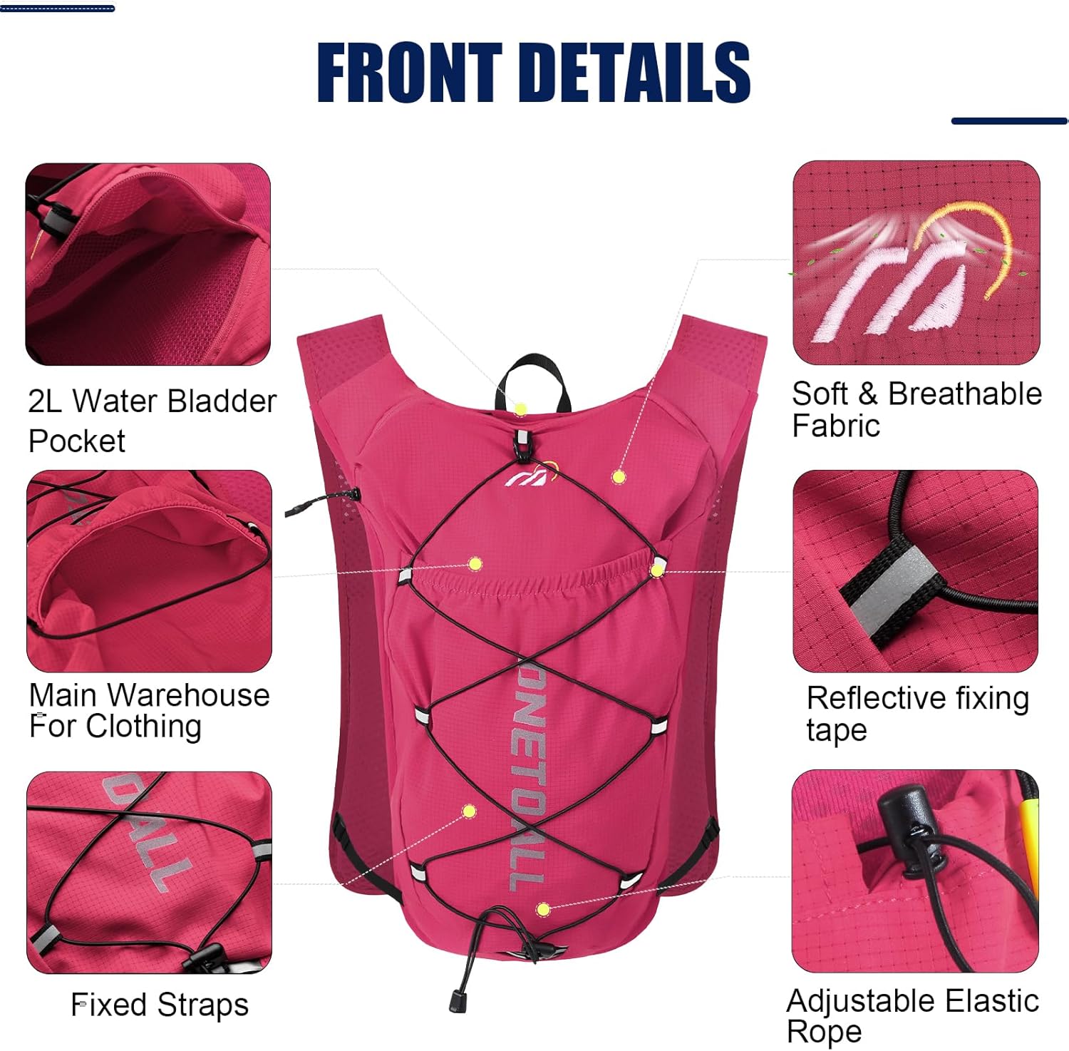 Thumbnail 4 de ONETOALL Running Vest with Detachable Chest Strap and 2L Water Capacity (Reflective, Lightweight 150g)