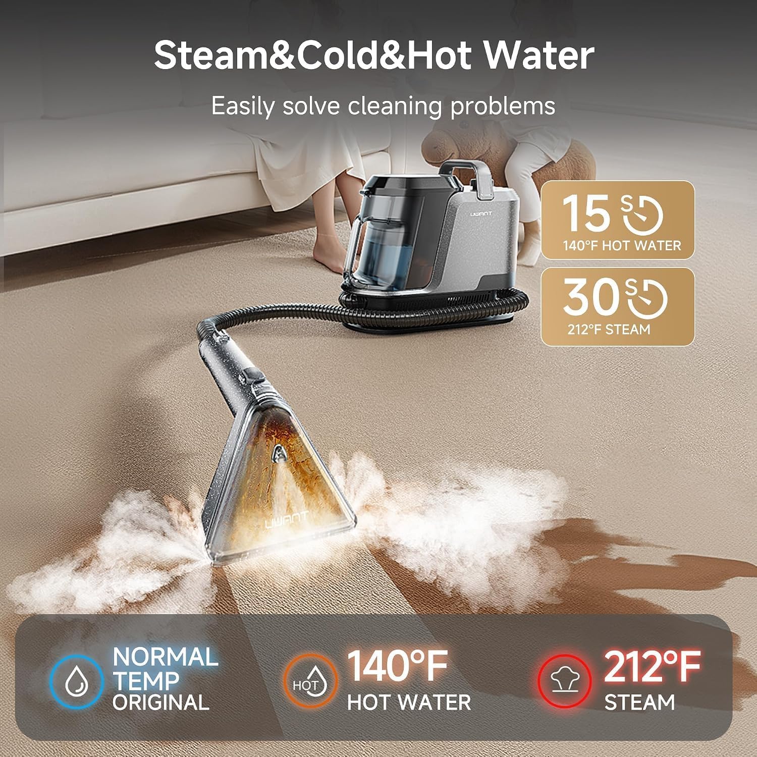 Detalle de uwant Y100STEAM Portable Carpet Cleaner with Steam, Hot Water and 18KPa Suction