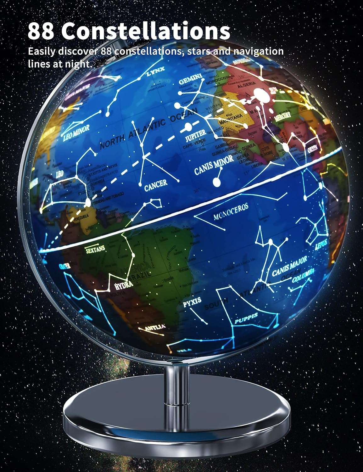 Thumbnail 6 de Waldauge Illuminated World Globe with Stand – 9" HD Map, Stable Metal Base, and LED Night Light