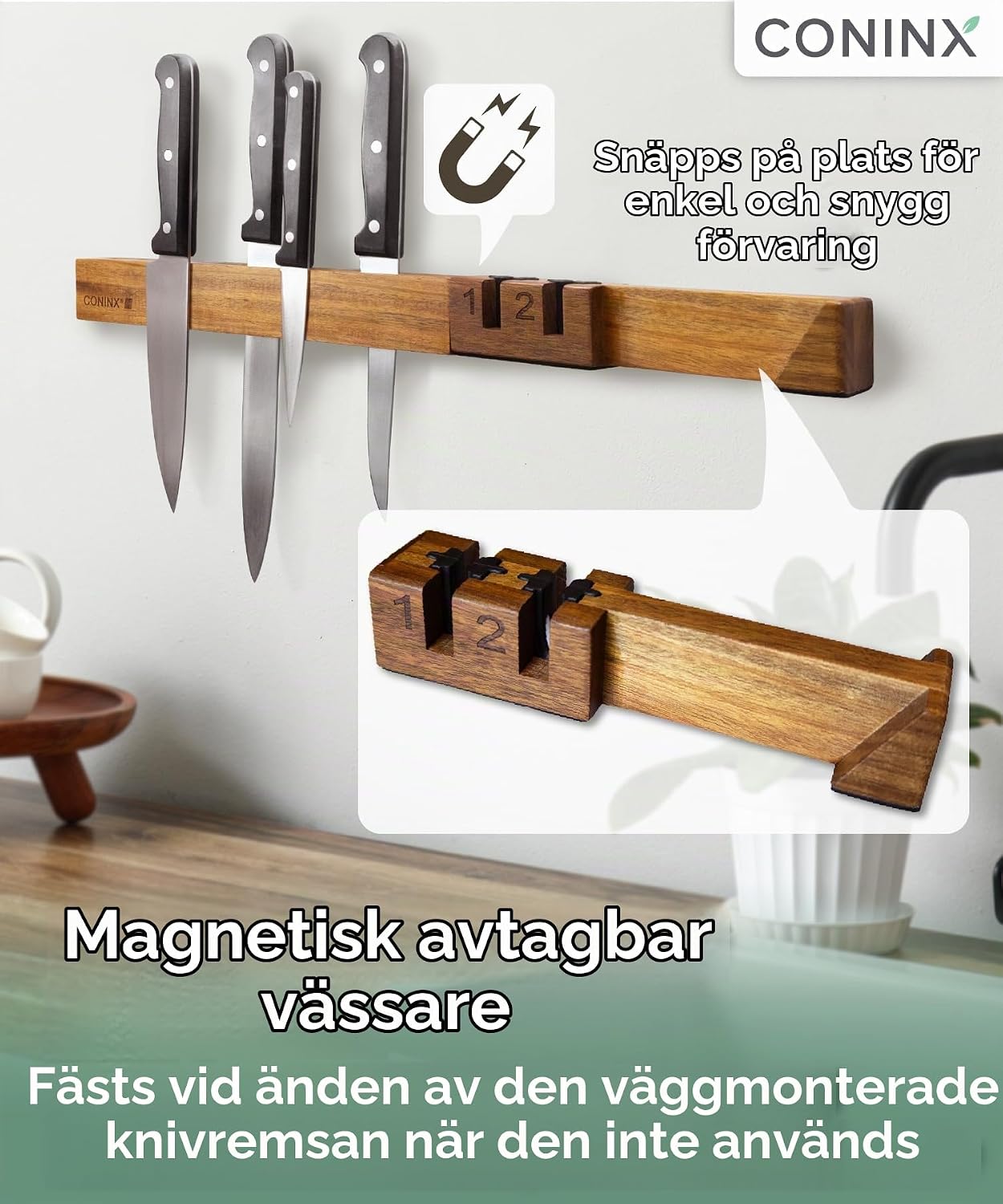 Detalle 2 de Coninx Barres-Couteaux magnetisk knivlist 48 cm i akaciaträ med knivslip