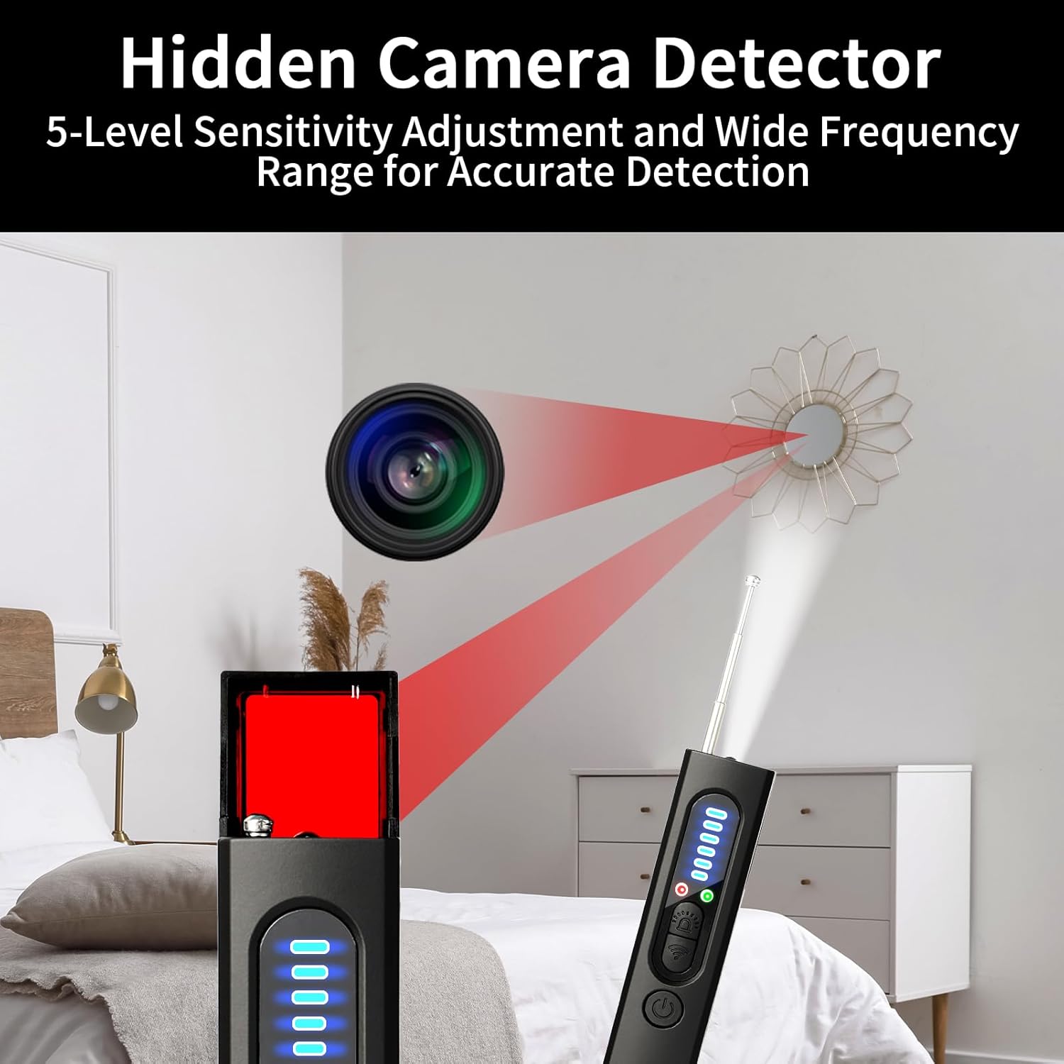 Detalle 1 de Hidden Camera Detector – RF Bug Detector with GPS Tracker Finder, 4 Detection Modes & 5 Sensitivity Levels, Mini Portable Anti-Spy Device for Hotel, Office, Car, Travel (30H Battery) (Mat Black)