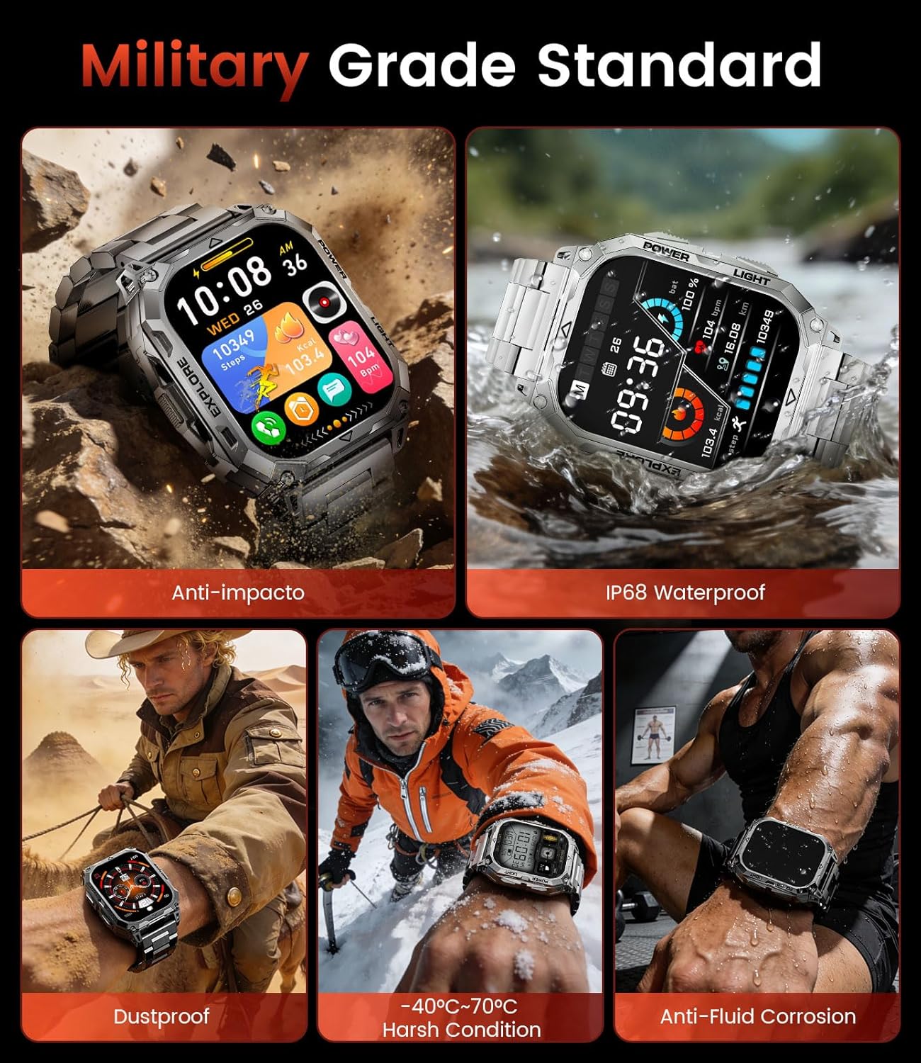 Thumbnail 1 de Montre connectée homme militaire TX13 2,01" HD — appels Bluetooth, IP68, batterie 900 mAh et 100+ modes sportifs (noir-orange)