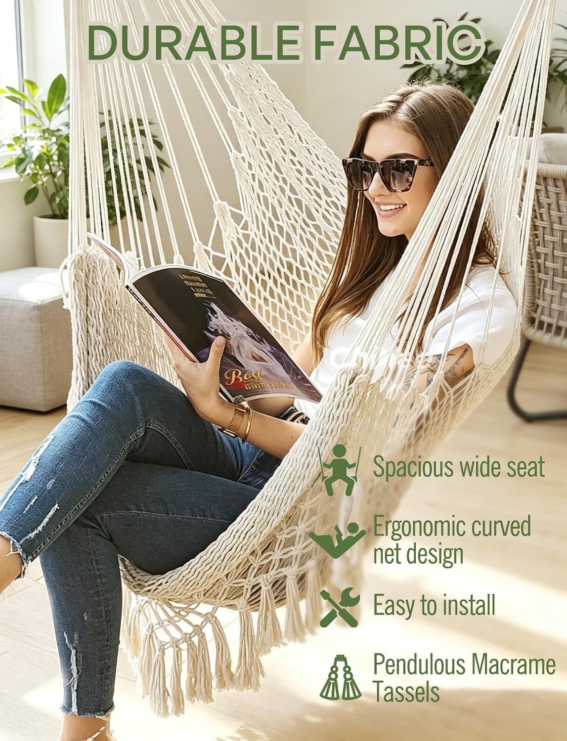 Detalle 1 de Chihee Cotton Hammock Chair with Woven Mesh, Collapsible Metal Spreader Bar
