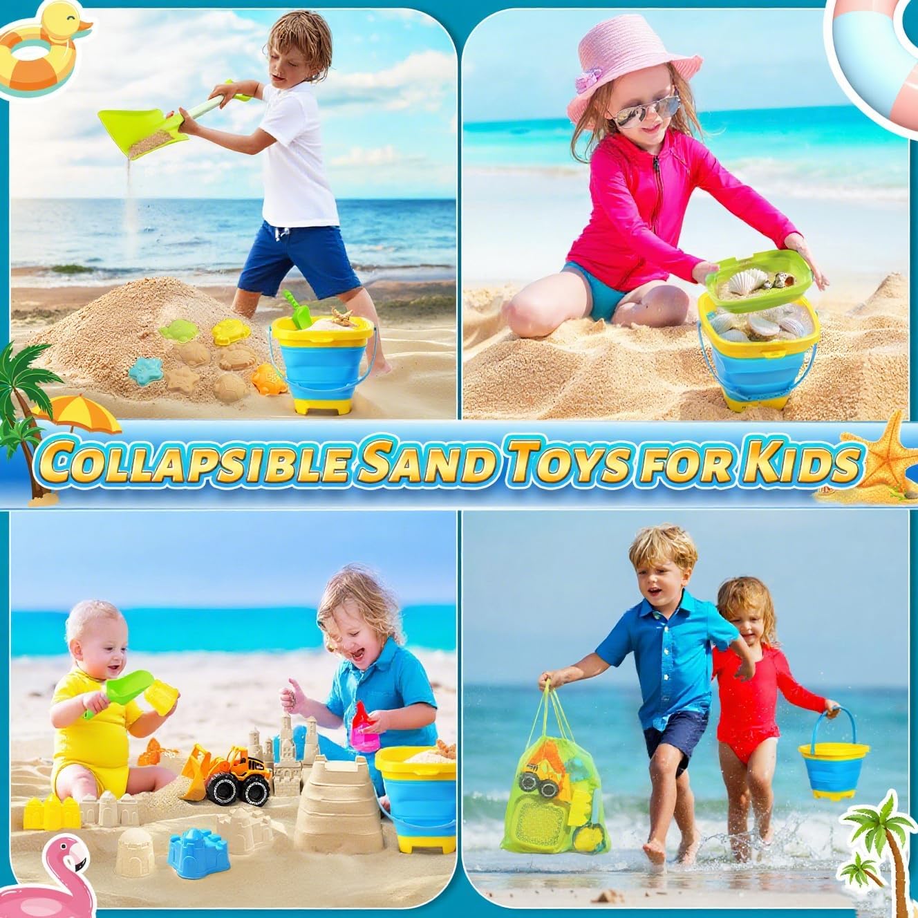 Detalle de Collapsible Beach Sand Toys for Kids — 15-Piece Set with Bucket, Sifter, Molds & Mesh Bag