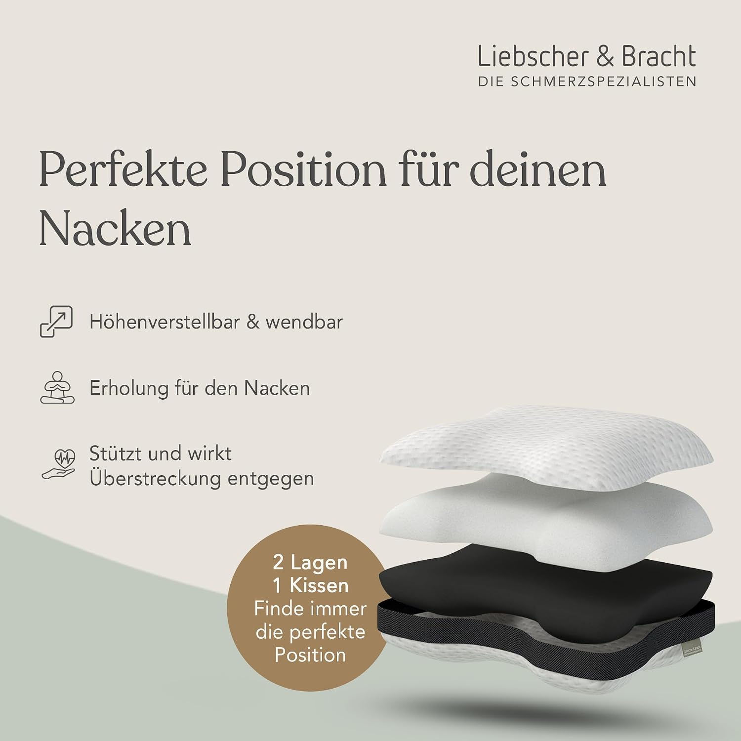 Detalle de Liebscher & Bracht Nackenstützkissen orthopädisch 40x55 cm – höhenverstellbar, mittelfest bis fest, atmungsaktiv & waschbar