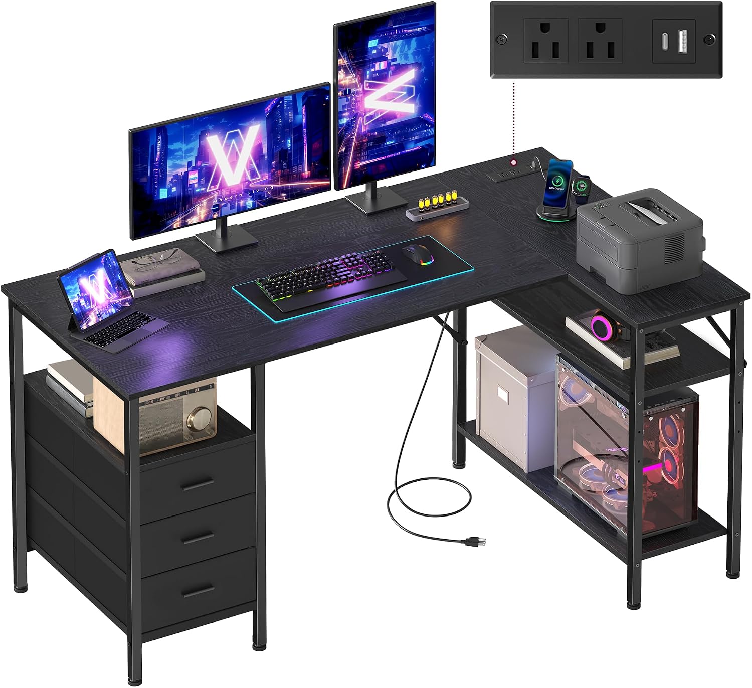 Detalle de VASAGLE ULWD184B101S L-Shaped Desk with Drawers, Shelves, and Power Ports