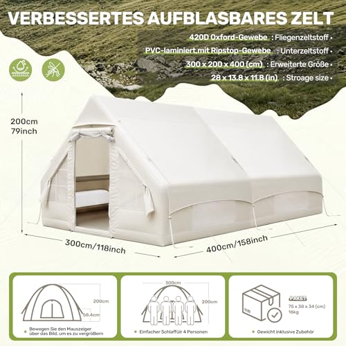 Detalle de Hawthyhome Aufblasbares Zelt 3x4m – schneller Aufbau, wasserdichtes Oxford-Gewebe, 4–8 Personen