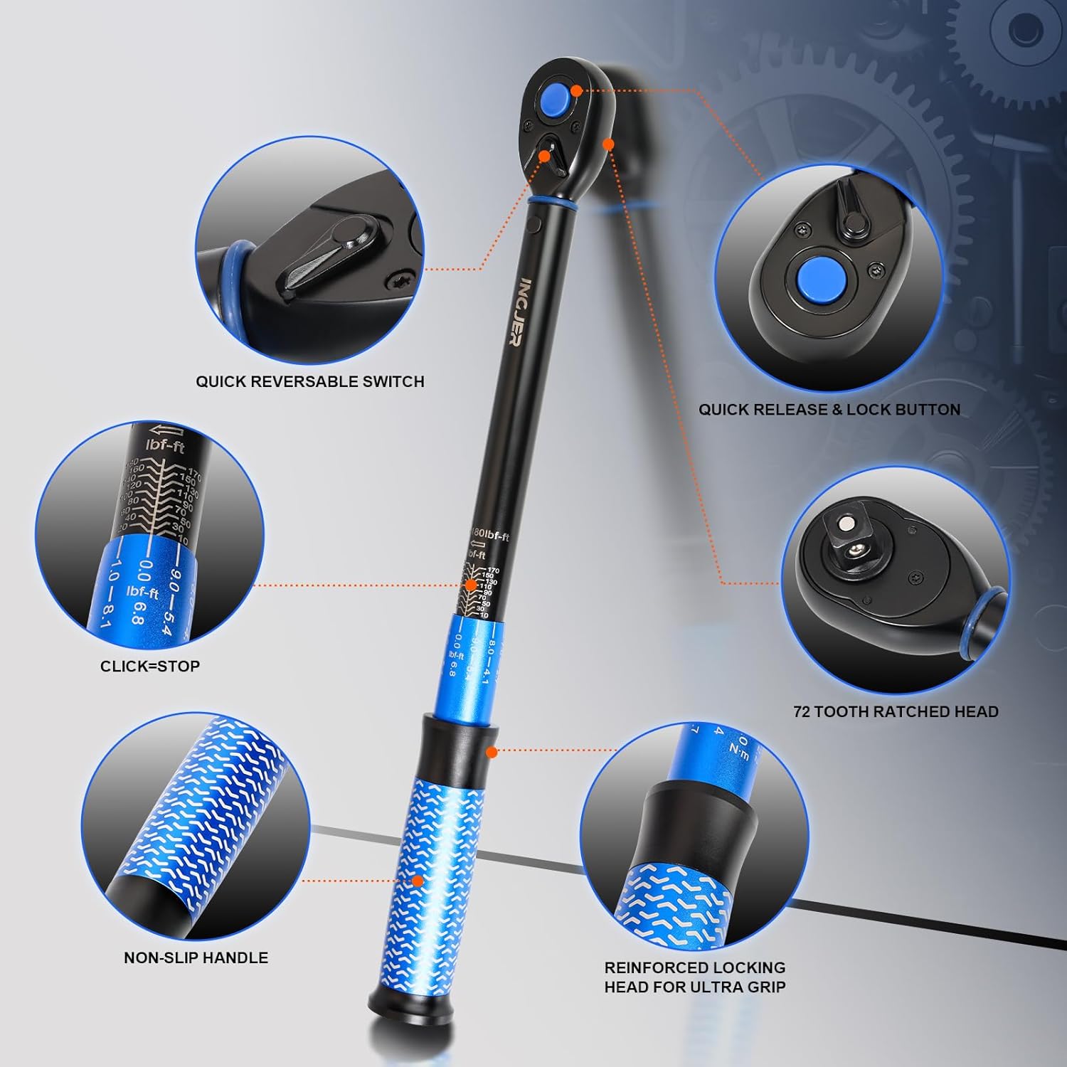 Detalle 2 de INGJER Upgrade Torque Wrench Auto 1/2" Drive Click Wrench (10–180 ft.lb) with 72-tooth Ratchet