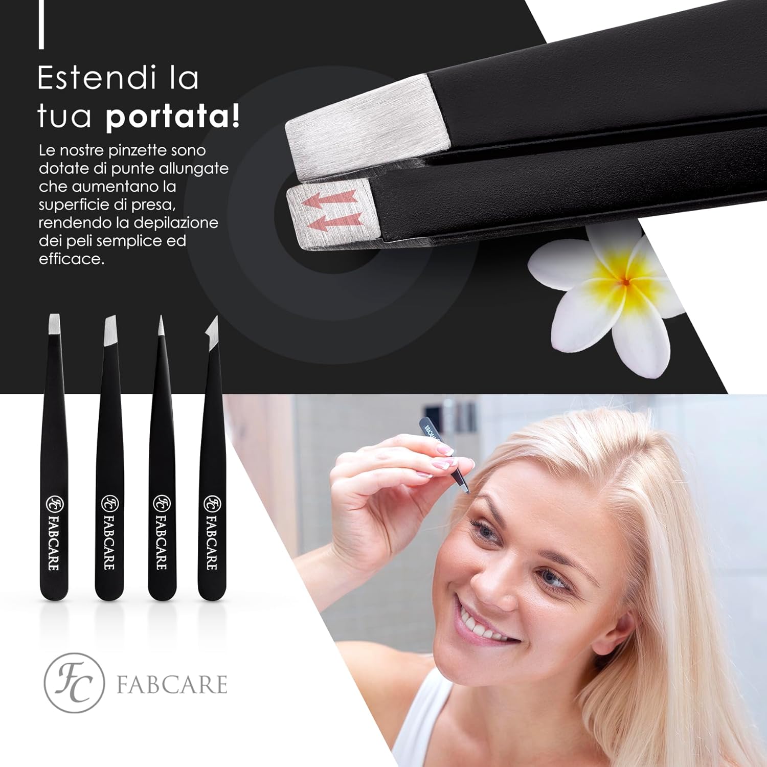 Detalle de FABCARE Set di Pinzette per sopracciglia con astuccio e spazzola (5 pezzi) – punte migliorate