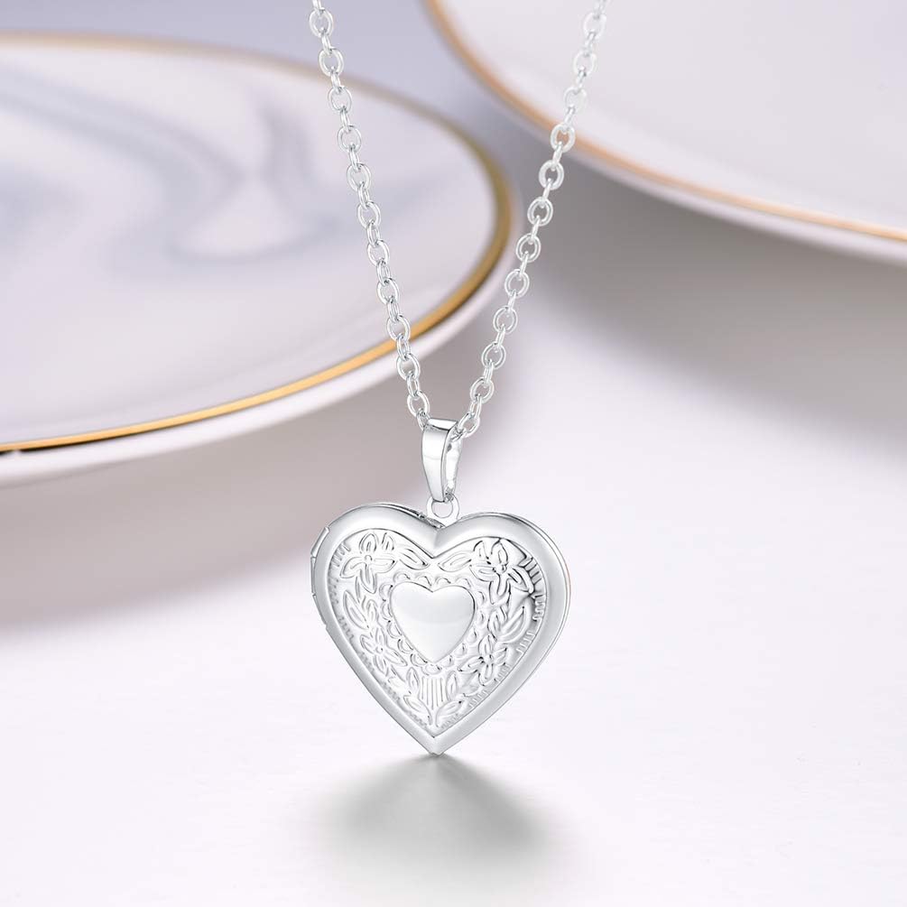 Detalle 2 de PROSTEEL collana con medaglione portafoto cuore fiore in acciaio inox 316L, catena regolabile (argento) – confezione regalo
