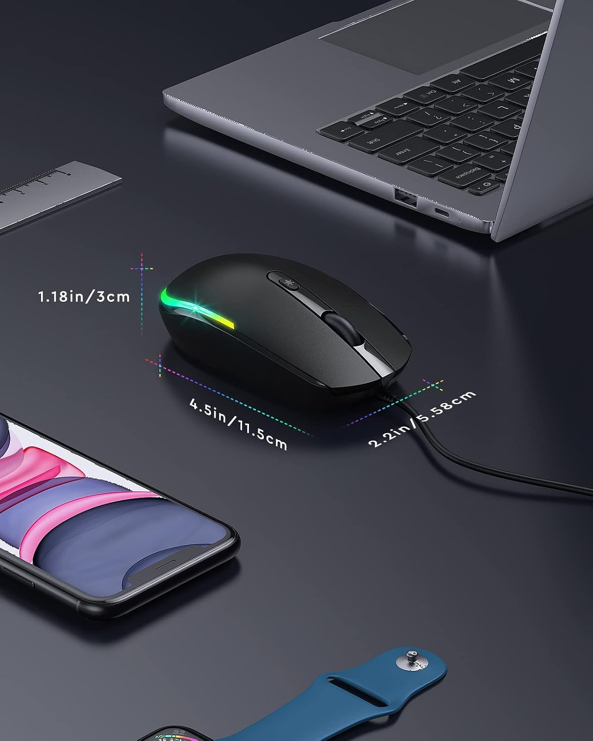 Detalle 2 de seenda Maus mit Kabel (1600 DPI, USB, LIGHTSYNC RGB) für PC/Laptop – Schwarz