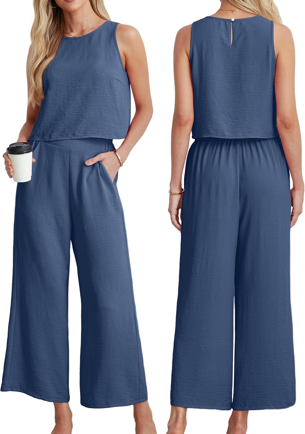 Detalle 2 de IWOLLENCE Co Ord Sets for Women 2 Piece Outfit: Sleeveless Crop Top & Wide-Leg Trousers, Lightweight Crinkle Lounge Set