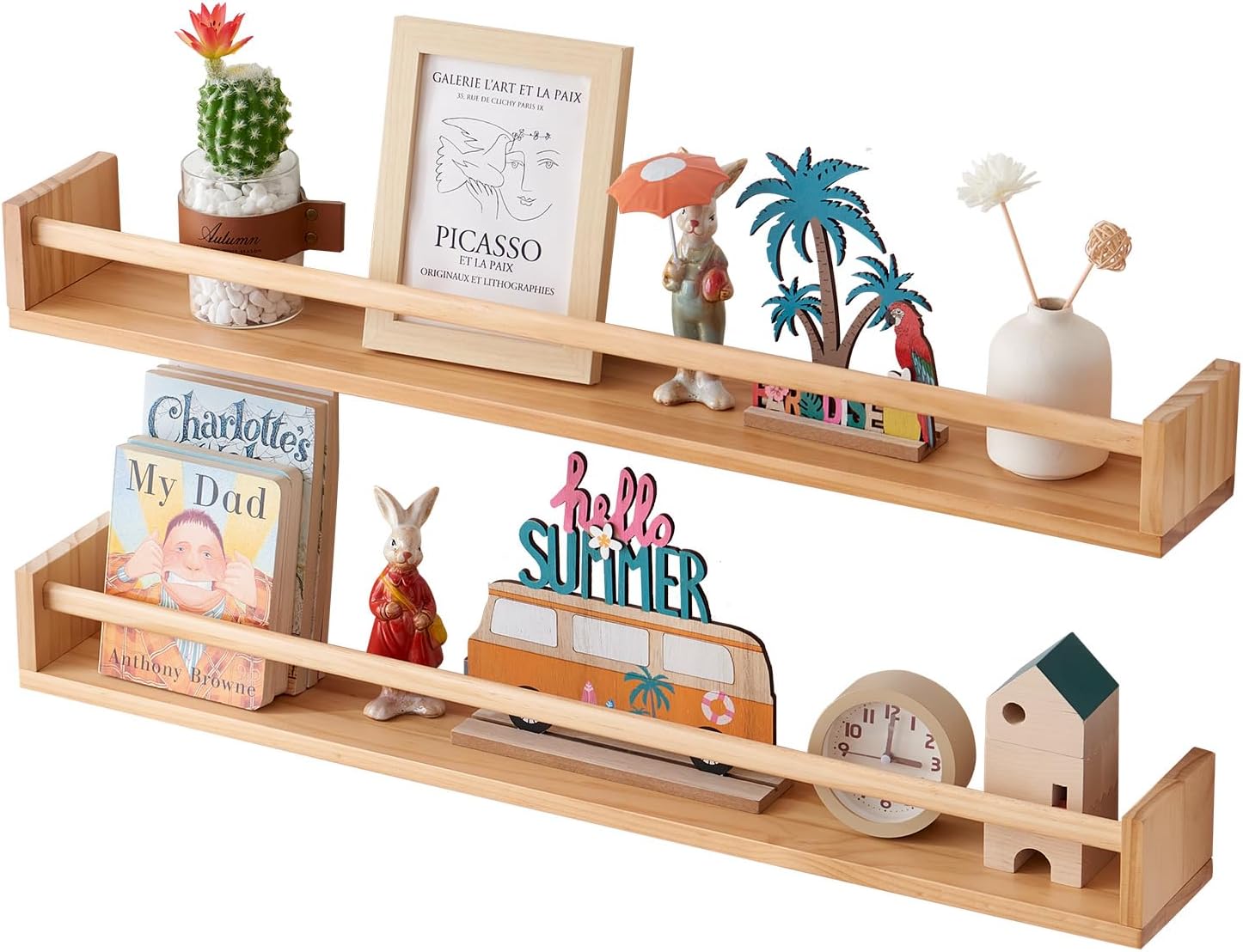 Detalle de OAKERLAND 2PC Wooden Floating Nursery Bookshelf – 80cm Solid Pine Wall Shelves for Storybooks