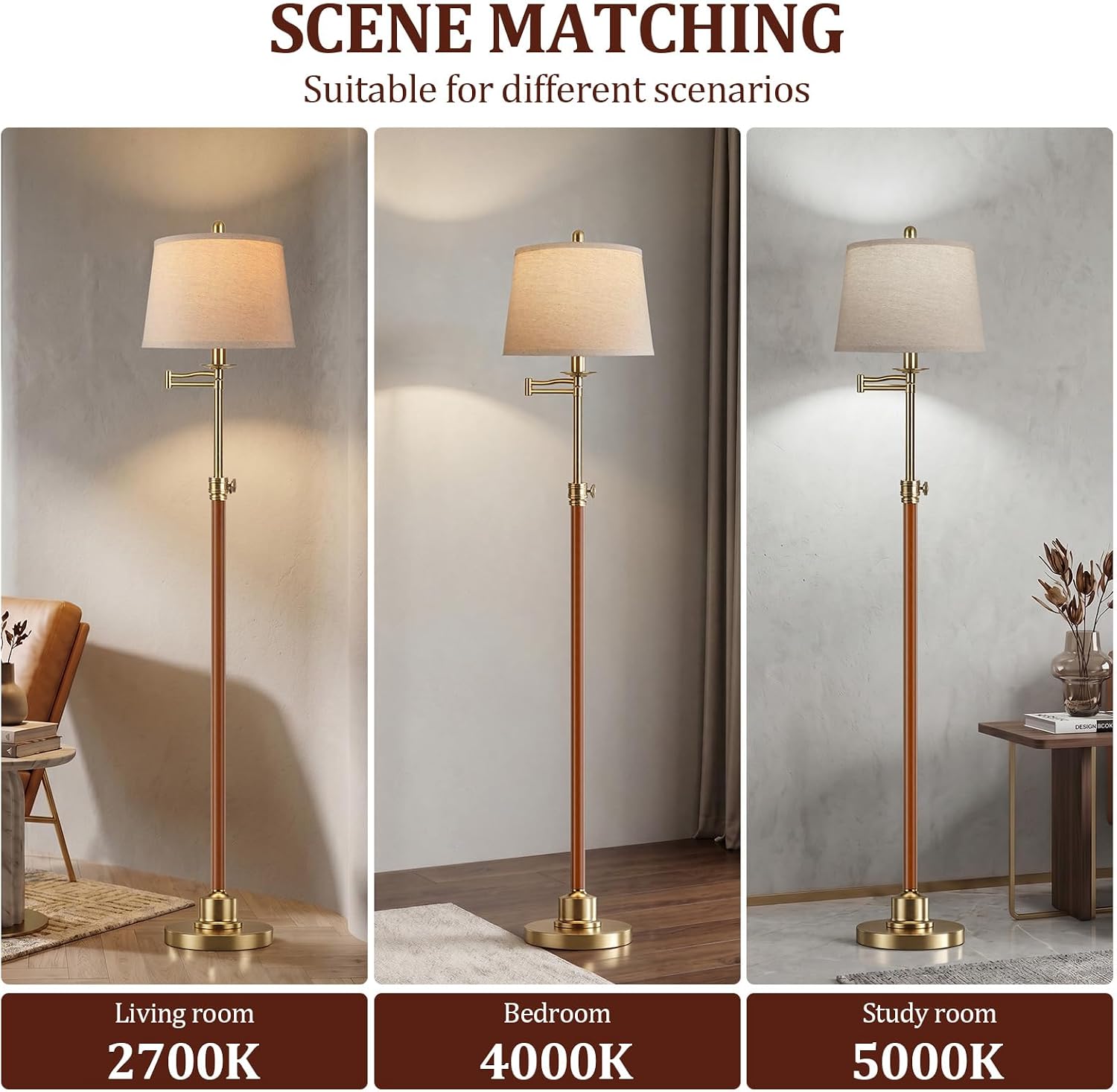 Detalle 1 de Vintage Walnut Gold Floor Lamp with 350° Swivel Arm and Adjustable Height
