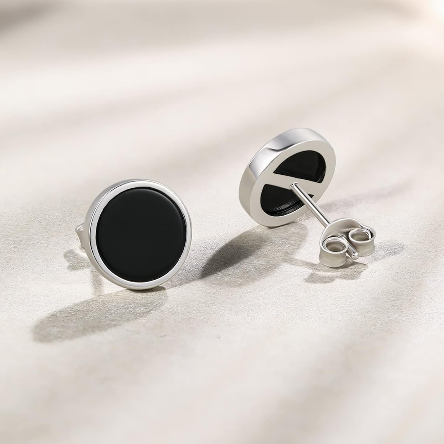 Detalle de 925 Sterling Silber Ohrringe Schwarz Achat – Runde Steinfassung, hypoallergen, für Damen und Herren