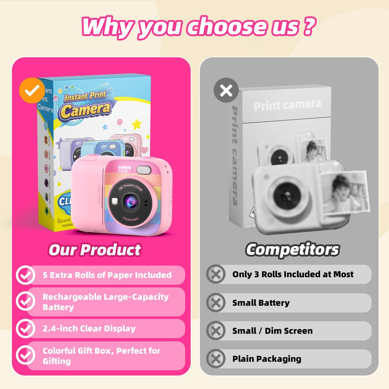 Thumbnail 1 de HOOMOON P97 Kids Instant Print Camera, 1080p Video, Selfie Lens, Pink