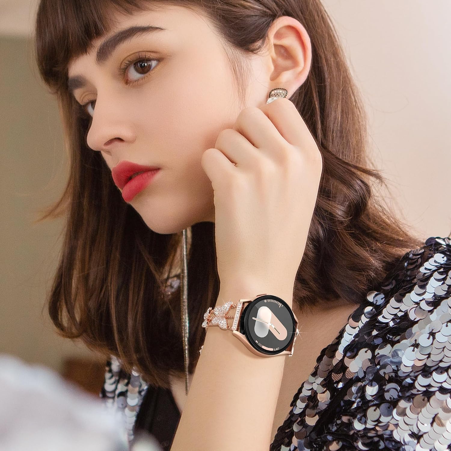 Detalle de Ocaer Bling Metal Watch Strap for Samsung Galaxy Watch Series (20mm) — Women’s 40mm–44mm and 43mm–47mm, with Butterfly Rhinestones