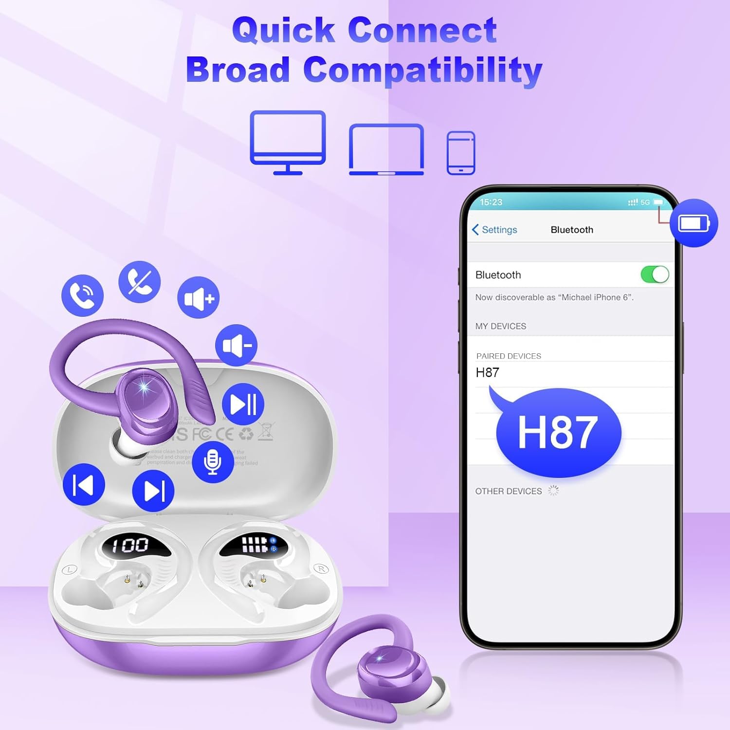 Detalle 2 de Cuffie sportive Bluetooth 5.4 H87 con gancio orecchio, IPX7 e 50 ore di autonomia