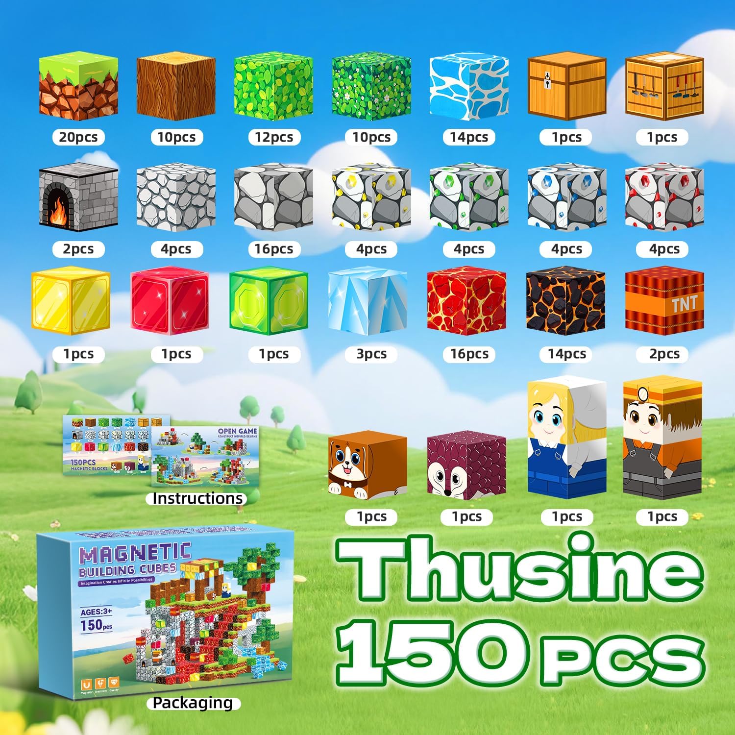 Detalle 2 de Thusine Magnetic Blocks 150-piece magnetic building blocks set for STEM play (age 3+)