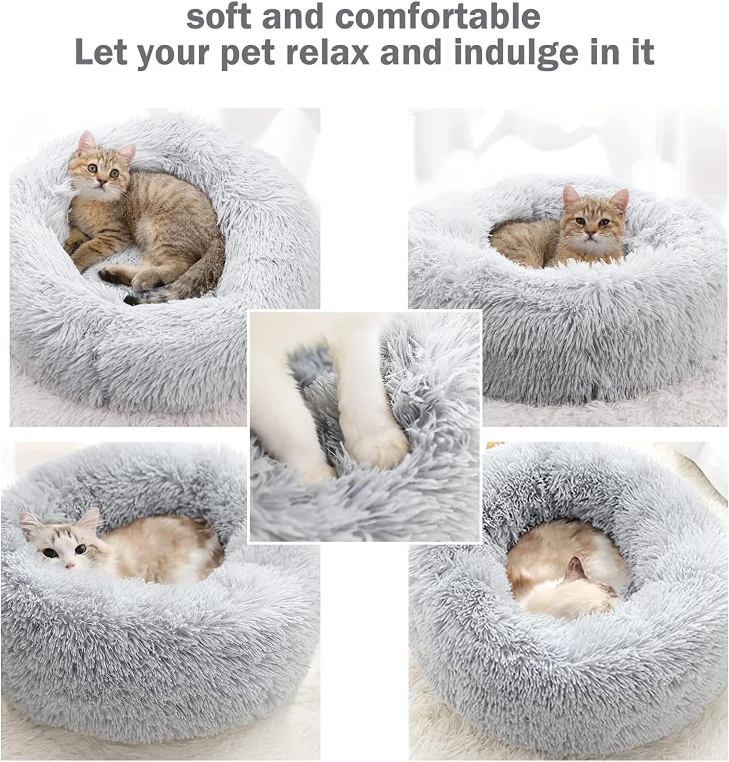 Detalle 2 de Nepfaivy Donut-Hundebett & Katzenbett aus Plüsch (flauschig, waschbar) in Hellgrau – XL ca. 70 cm